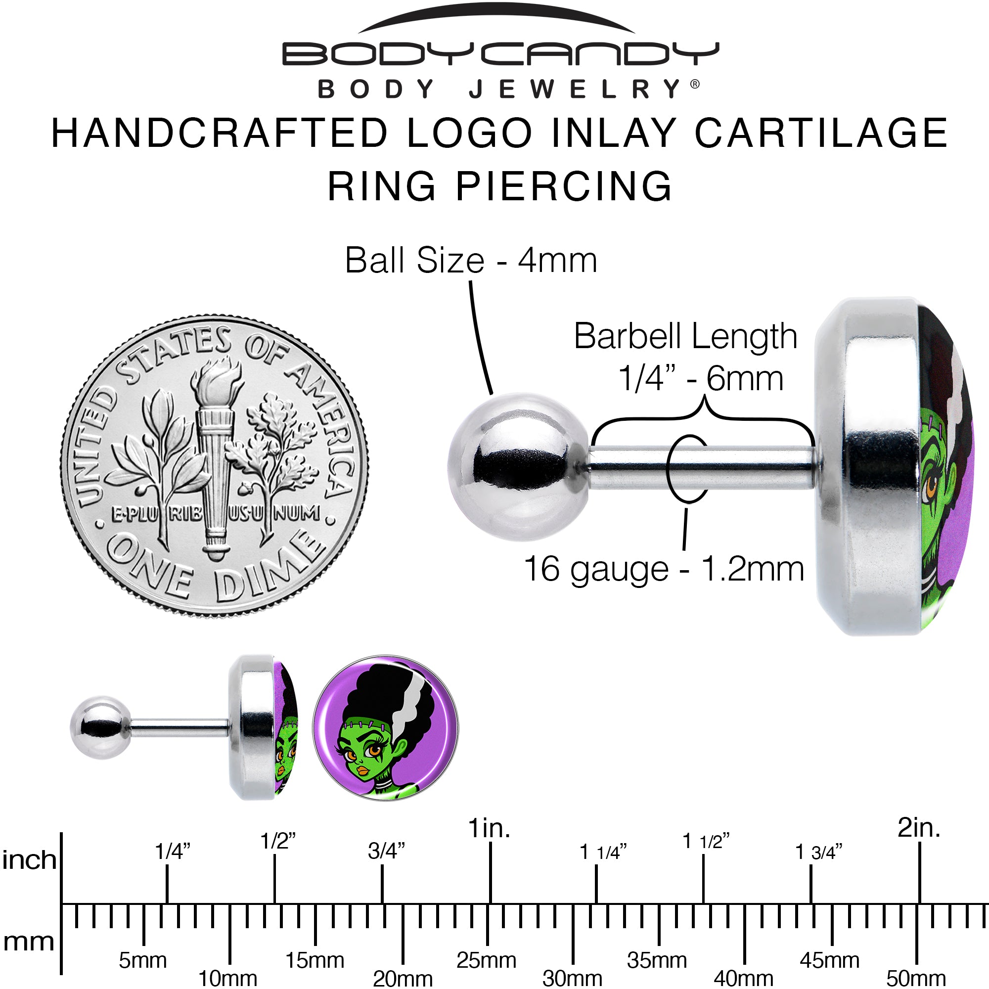 Gothic 16 Gauge Bride of Frankenstein Cartilage Earring - 1/4 Inch