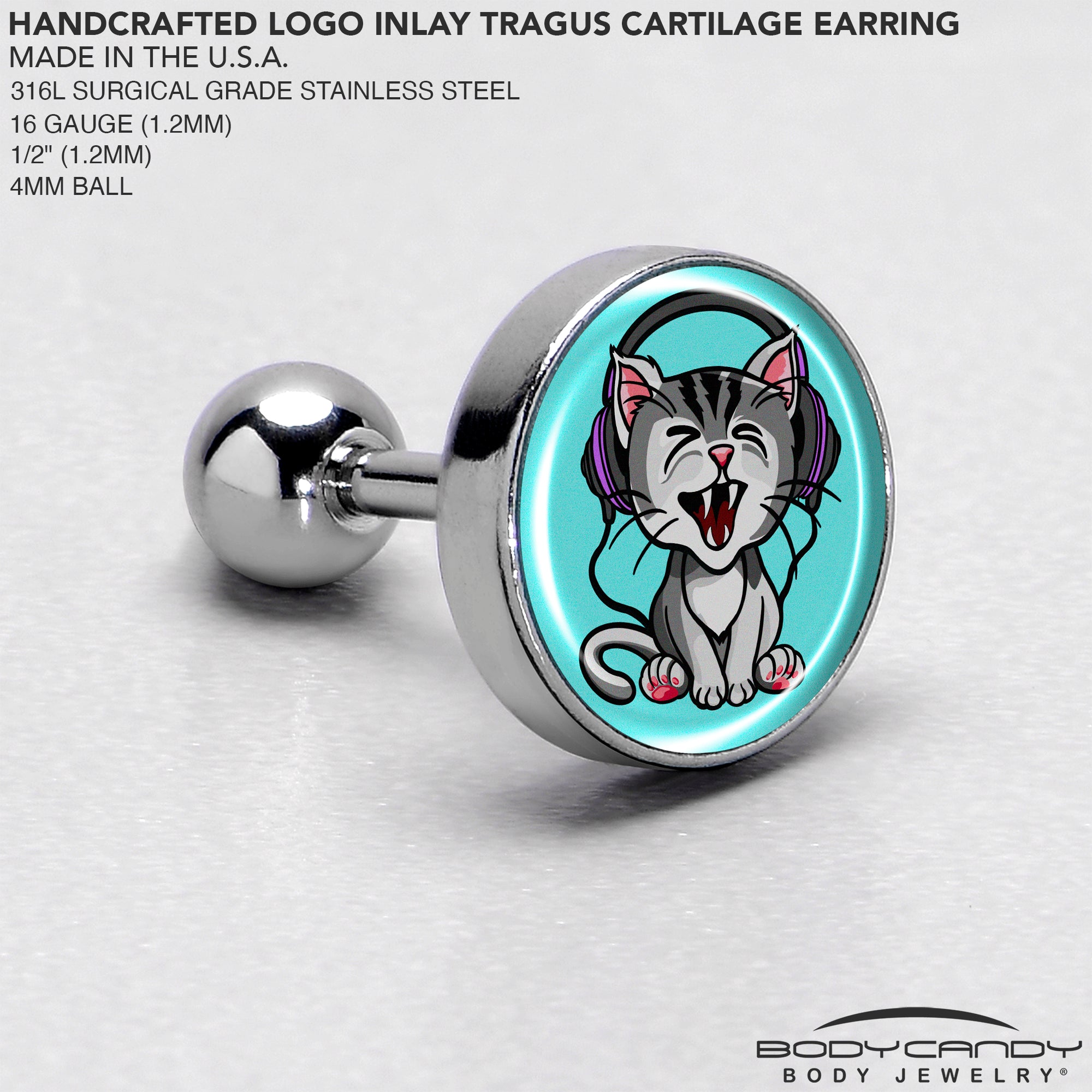 16 Gauge 1/4 Heavy Metal Kitty Cat Tragus Cartilage Earring