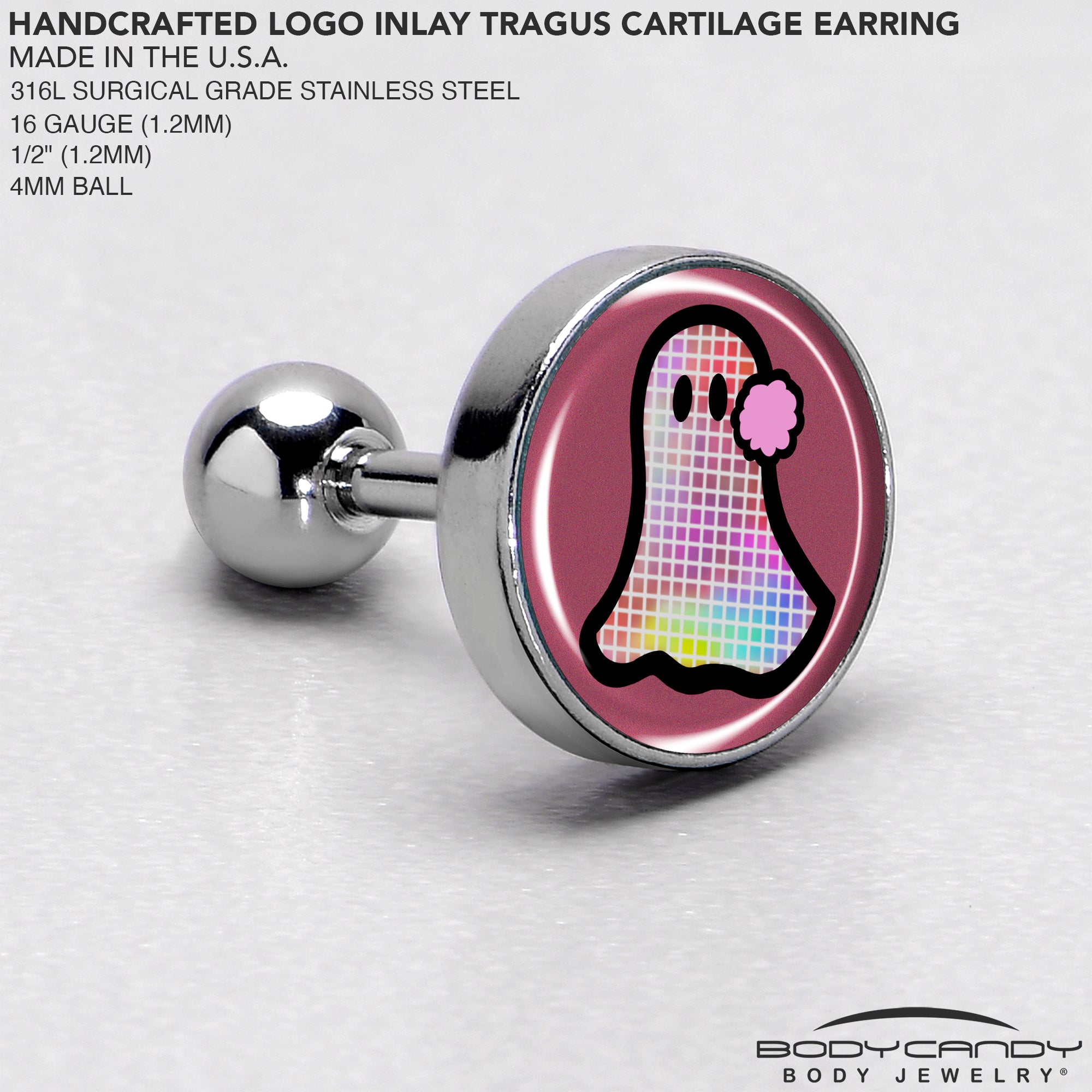 Ghost-themed 16 Gauge Tragus Earring, 1/4 Inch