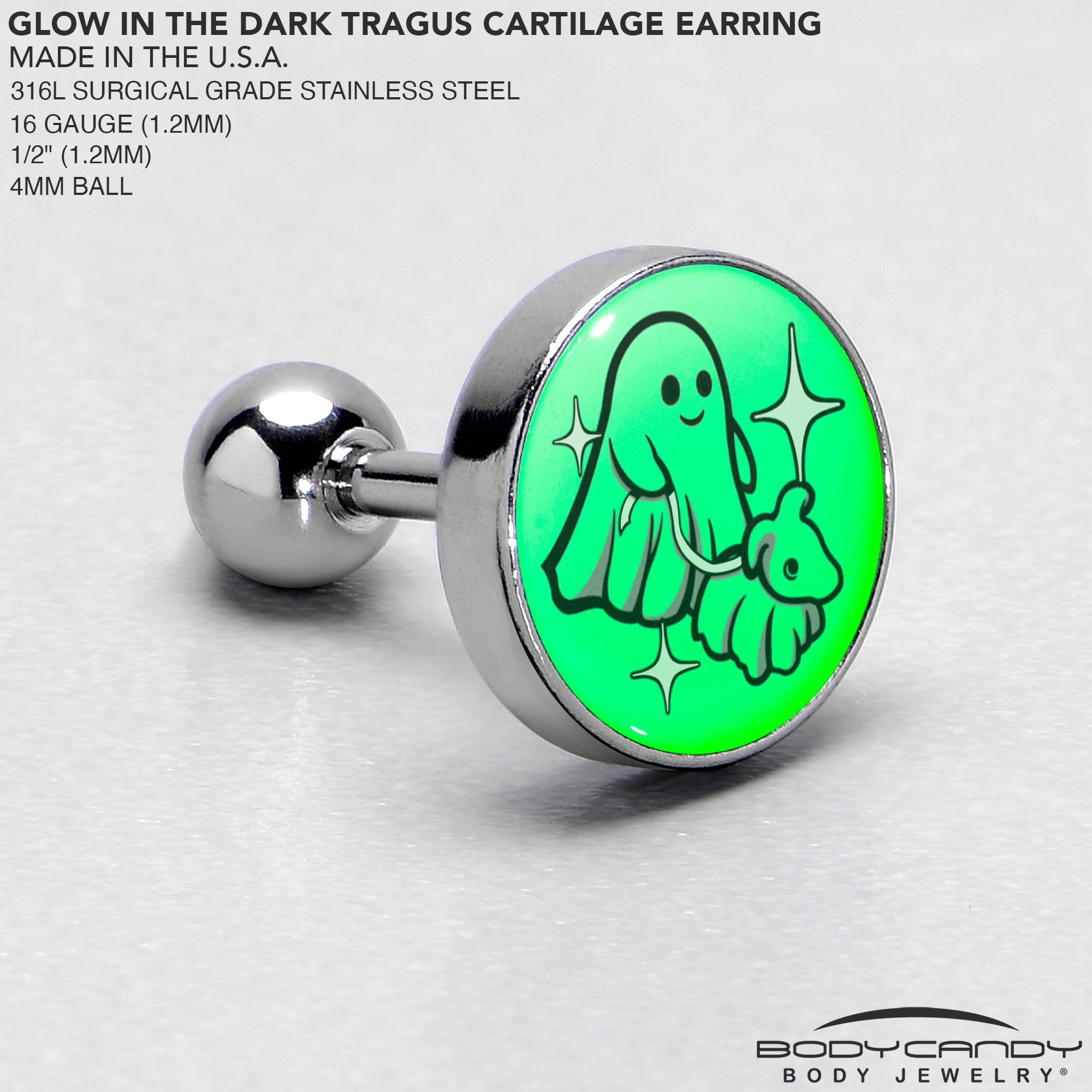 Cute ghost Halloween earring for cartilage, 16 gauge, 1/4 inch, glows in the dark