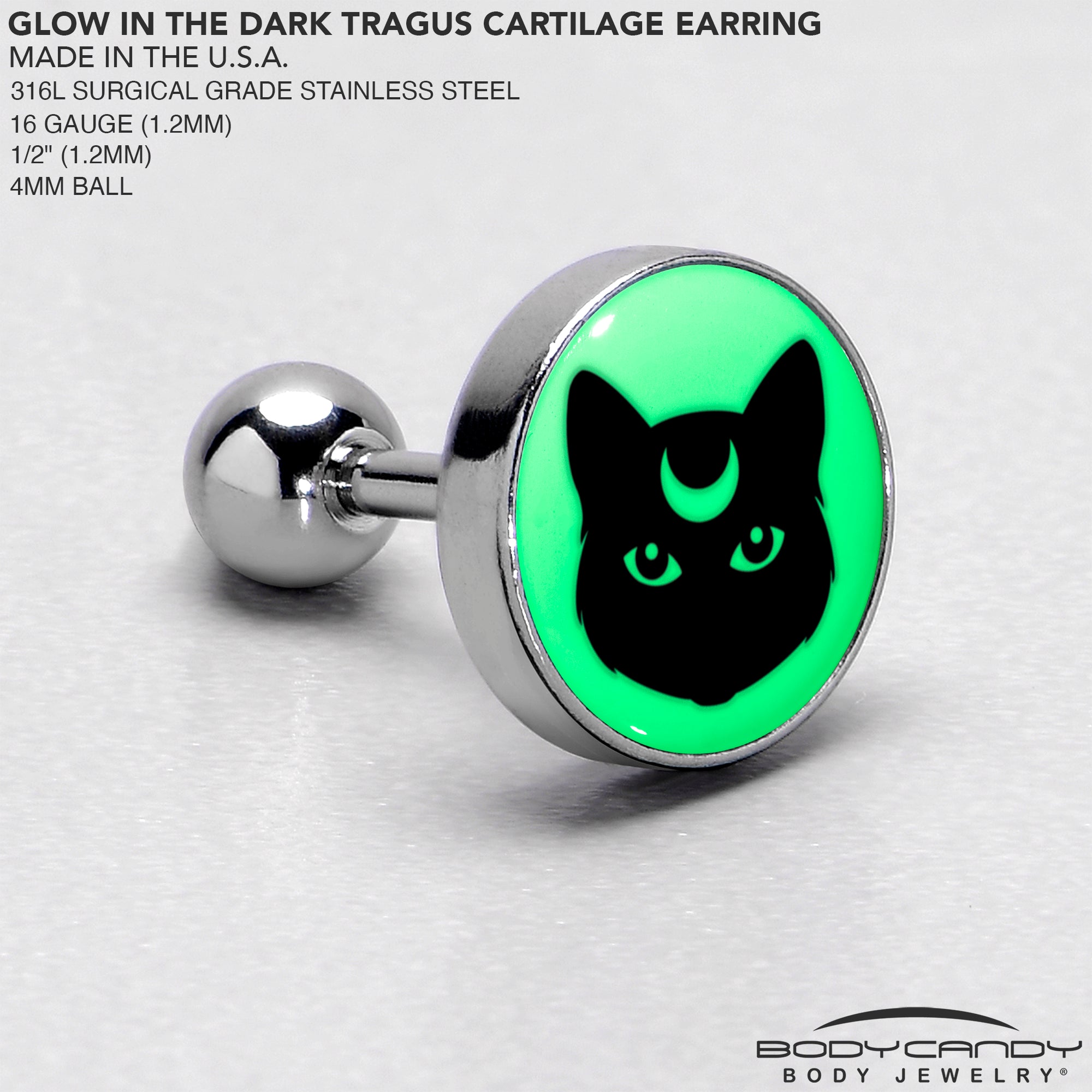 16 Gauge 1/4 Glow in the Dark Mystic Kitty Cat Tragus Cartilage Earring