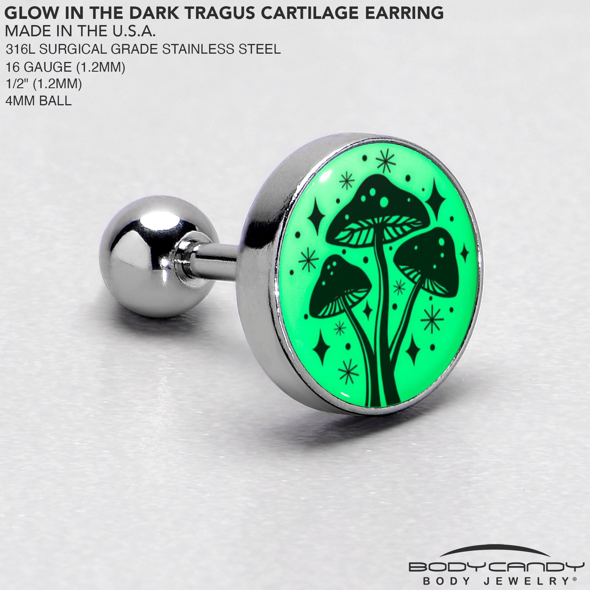 16 Gauge 1/4 Glow in the Dark Mystic Mushroom Tragus Cartilage Earring