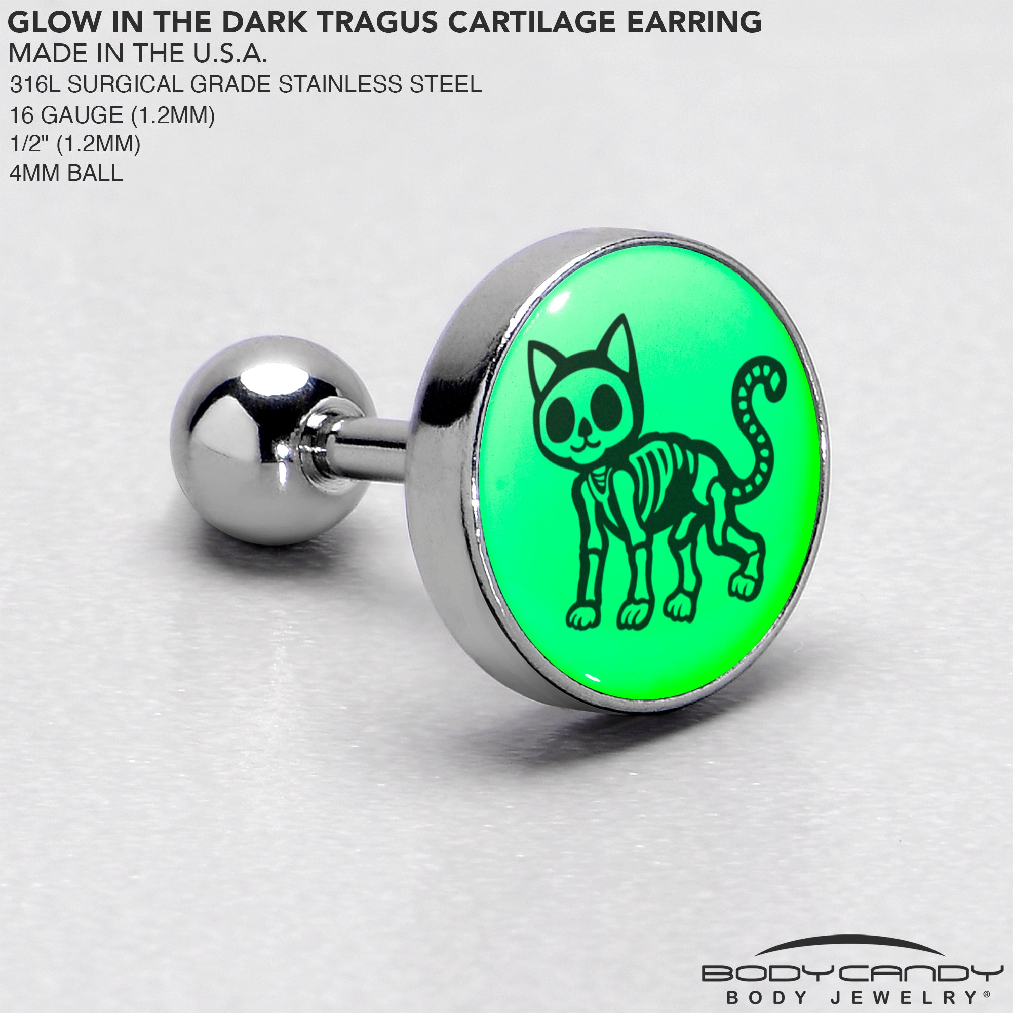 16 gauge glow in the dark skeleton kitty cat cartilage earring