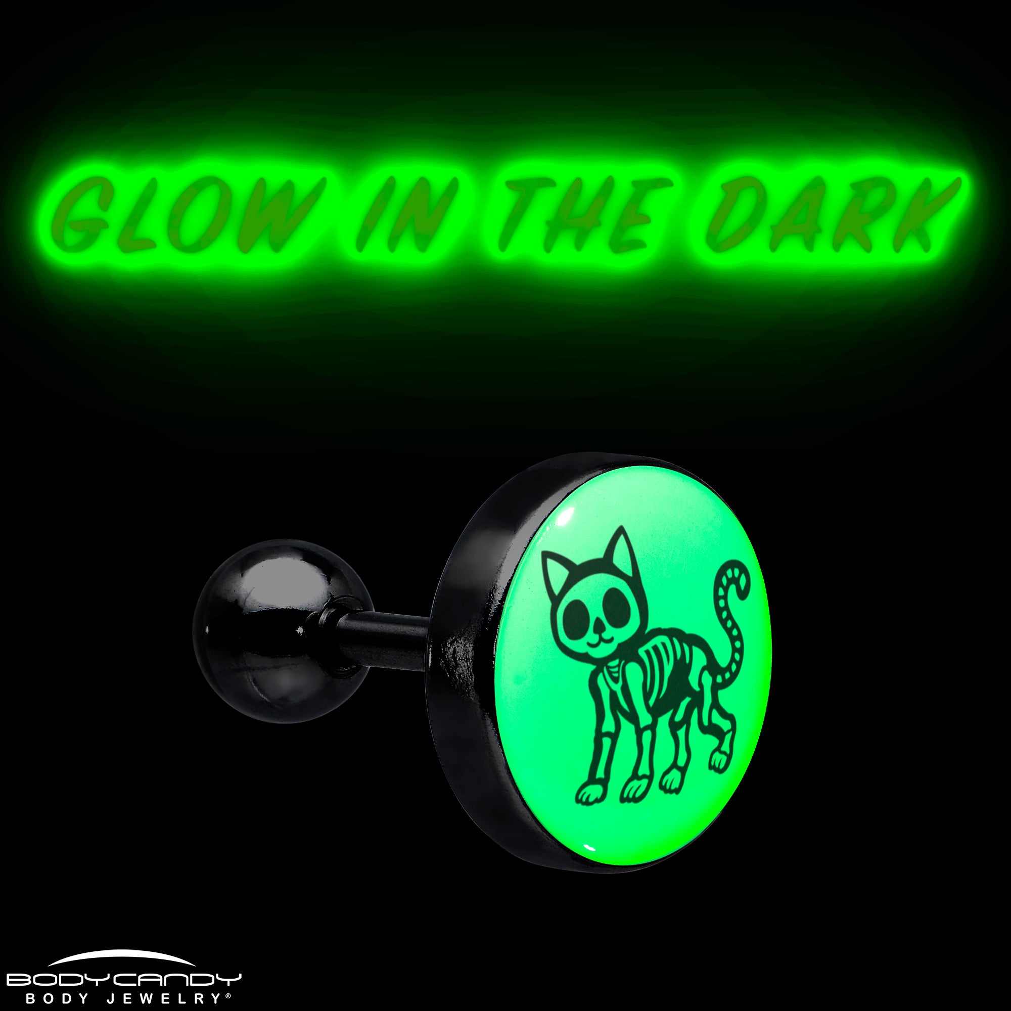 16 Gauge 1/4 Glow in the Dark Skeleton Kitty Cat Tragus Cartilage Earring Made in USA