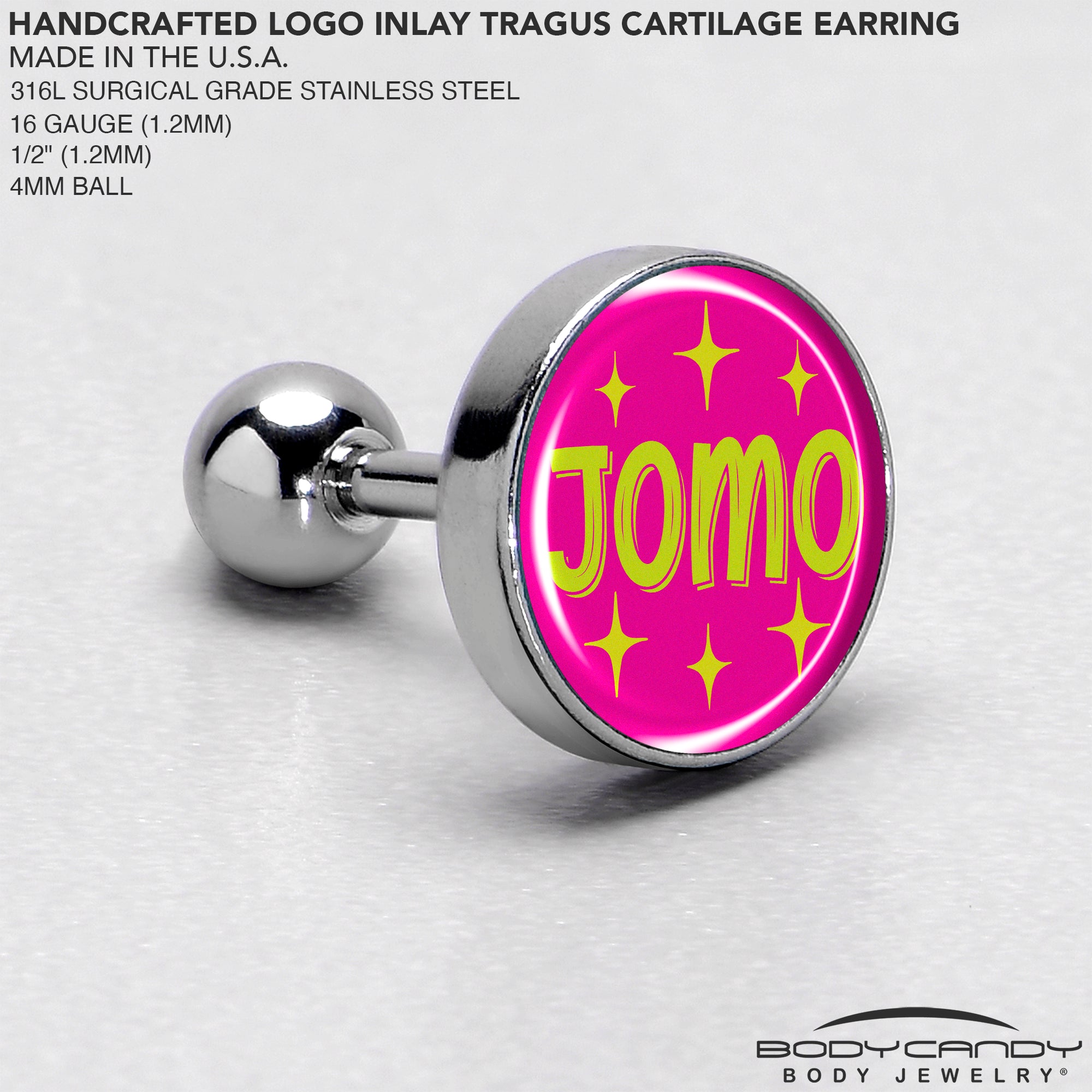 16 Gauge 1/4 Pink JOMO Tragus Cartilage Earring