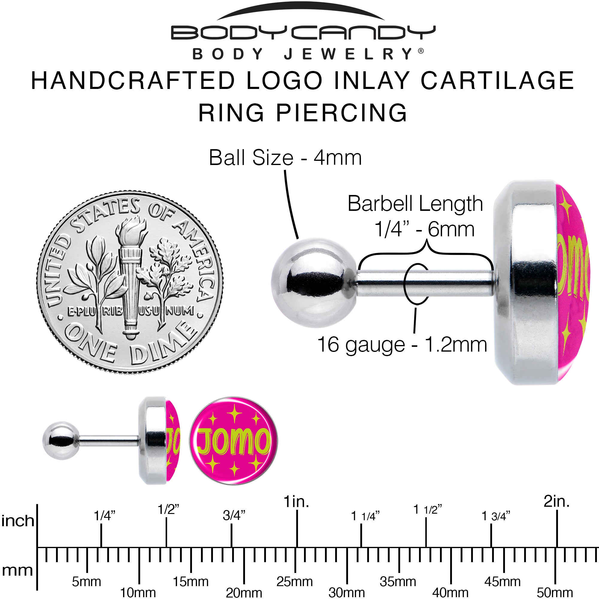 16 Gauge 1/4 Pink JOMO Tragus Cartilage Earring