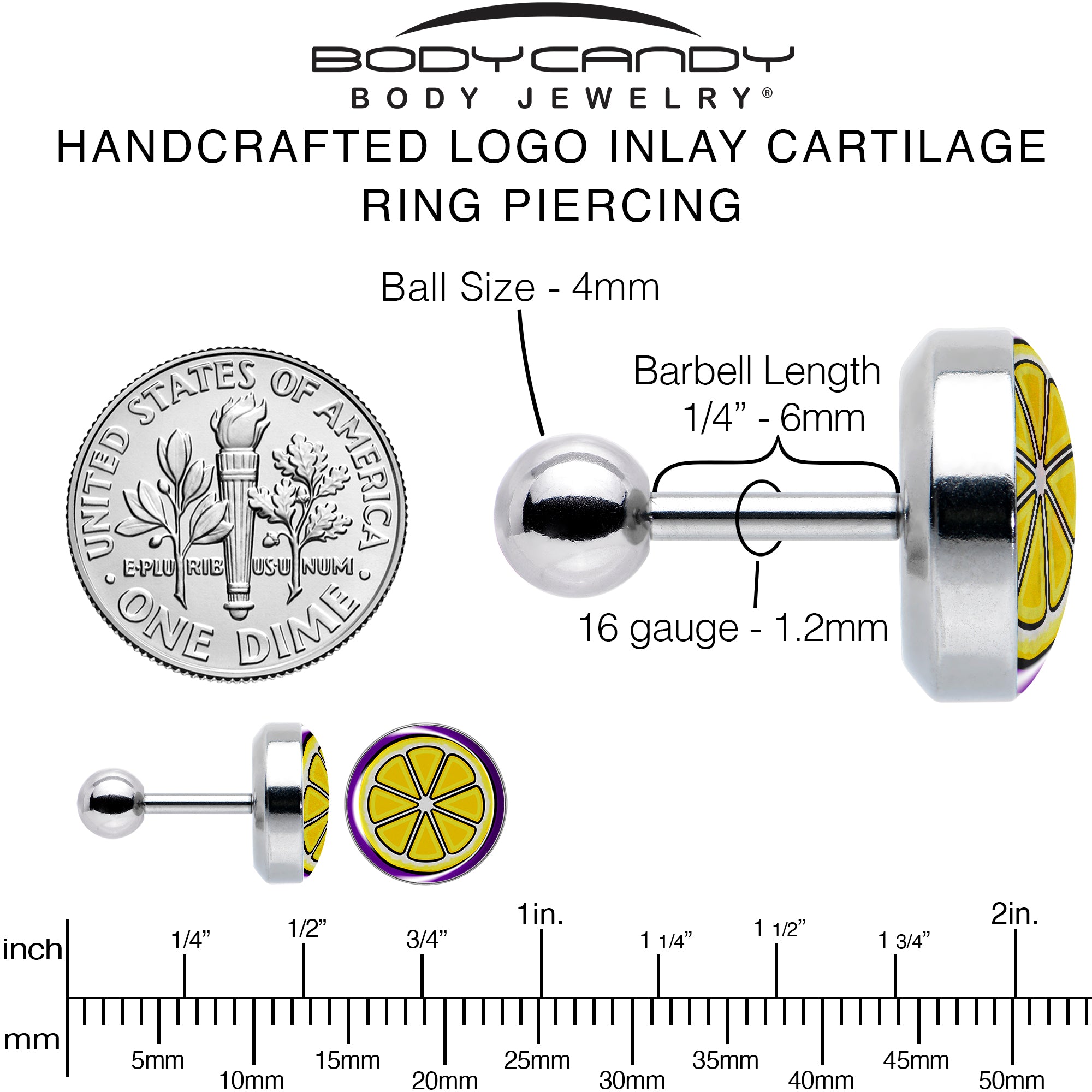 16 Gauge 1/4 Yellow Slice of Lemon Tragus Cartilage Earring