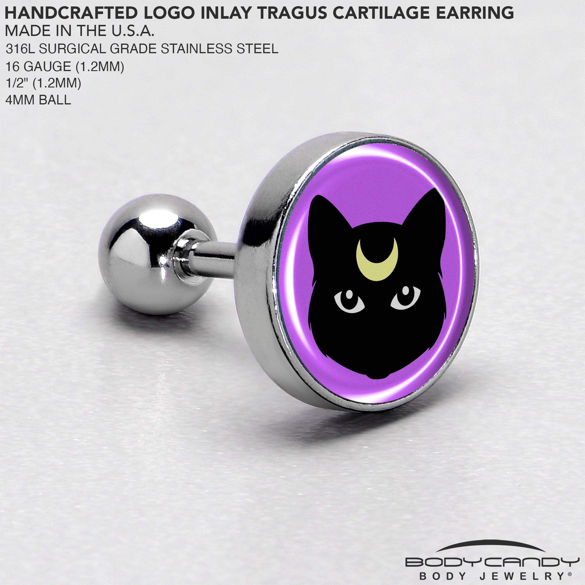 16 Gauge 1/4 Black Mystic Kitty Cat Tragus Cartilage Earring