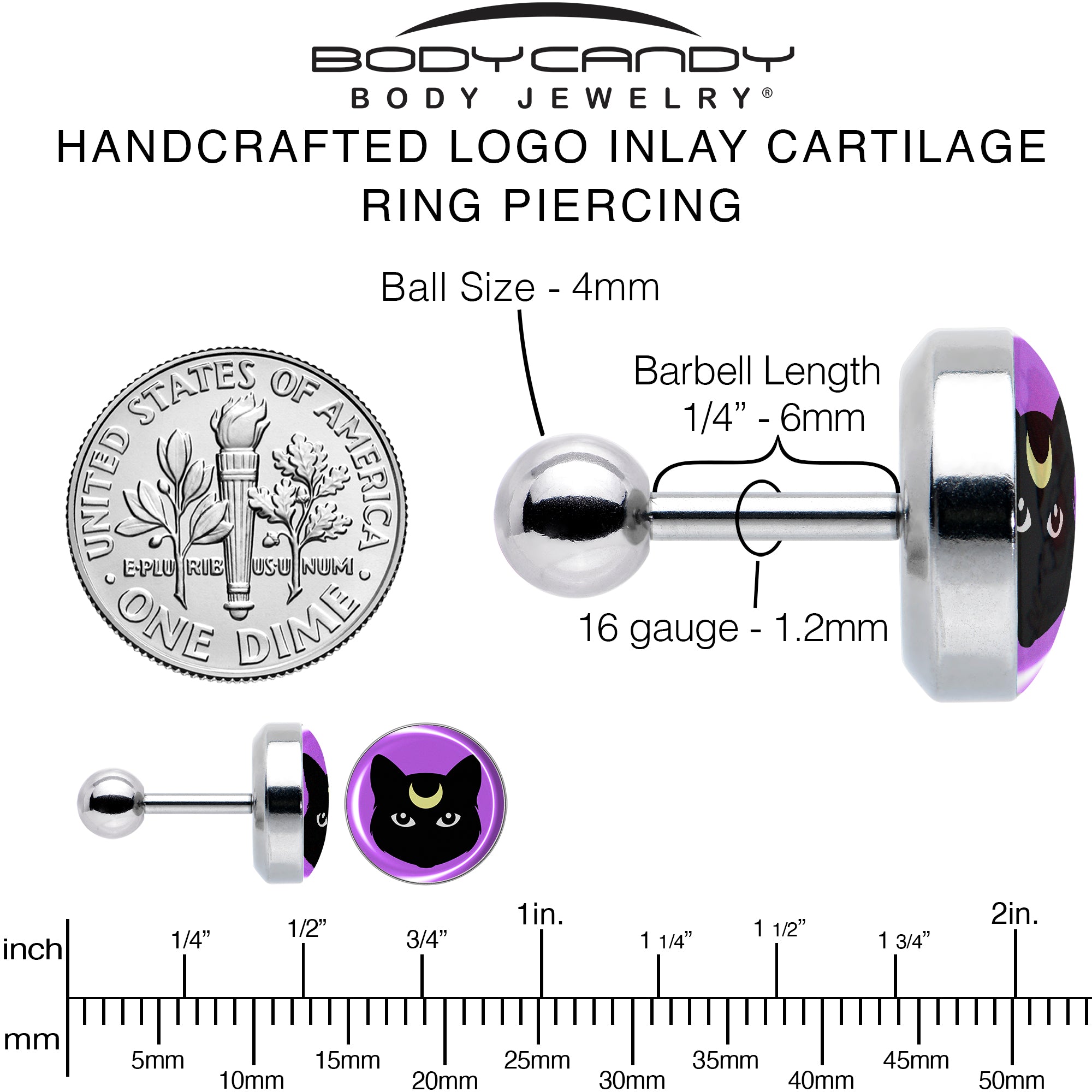 16 Gauge 1/4 Black Mystic Kitty Cat Tragus Cartilage Earring