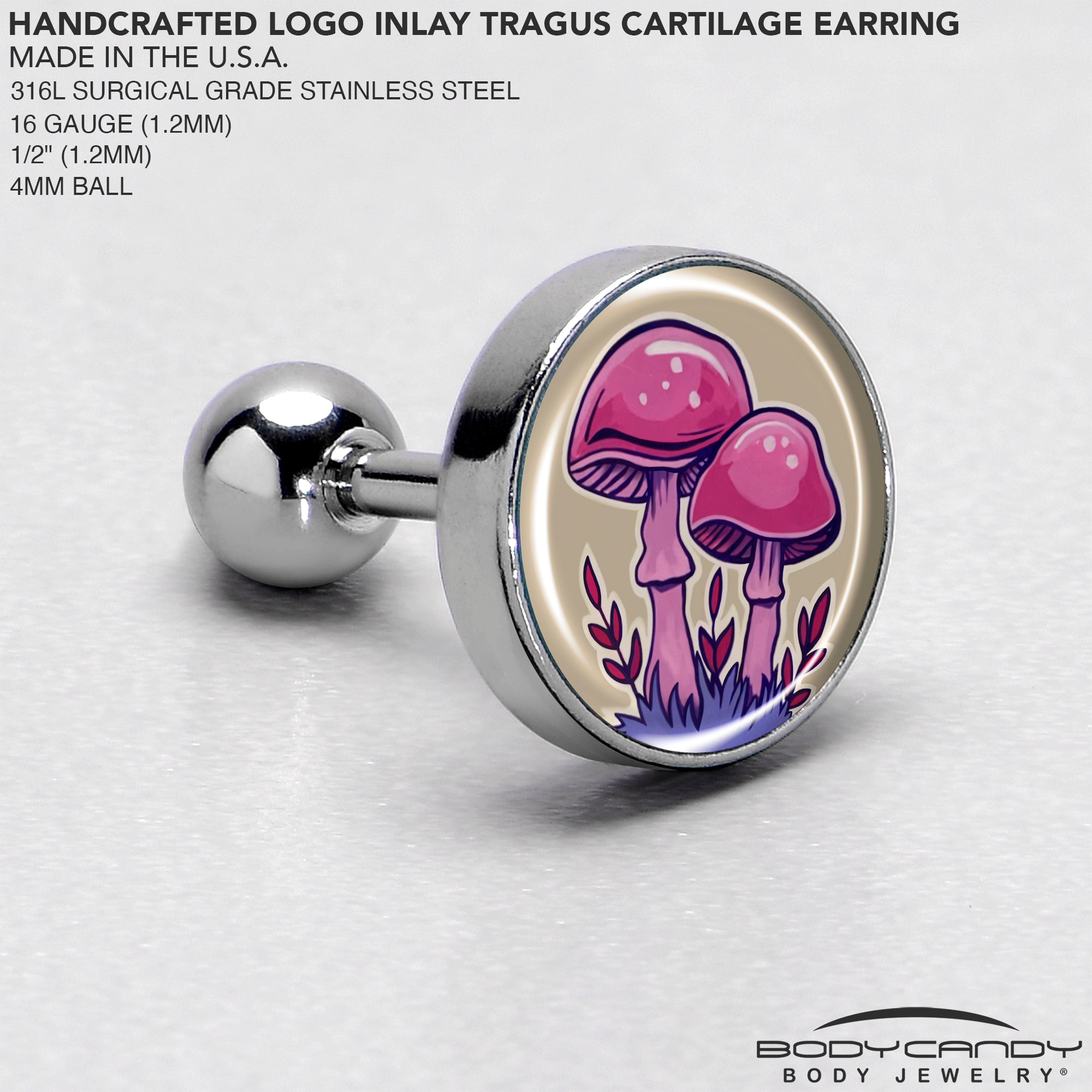 16 Gauge 1/4 Artist Drawn Pink Mushrooms Tragus Cartilage Earring