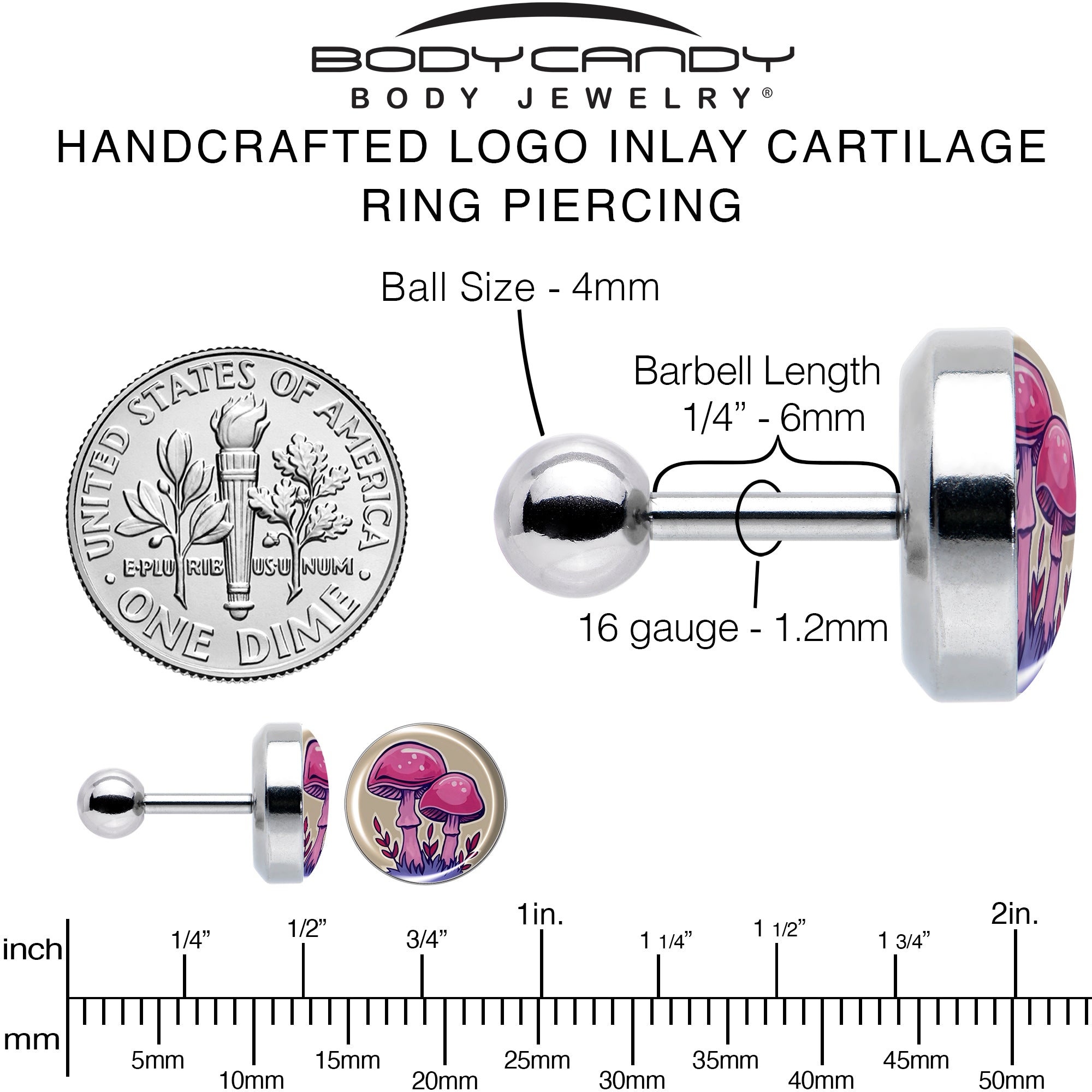 16 Gauge 1/4 Artist Drawn Pink Mushrooms Tragus Cartilage Earring