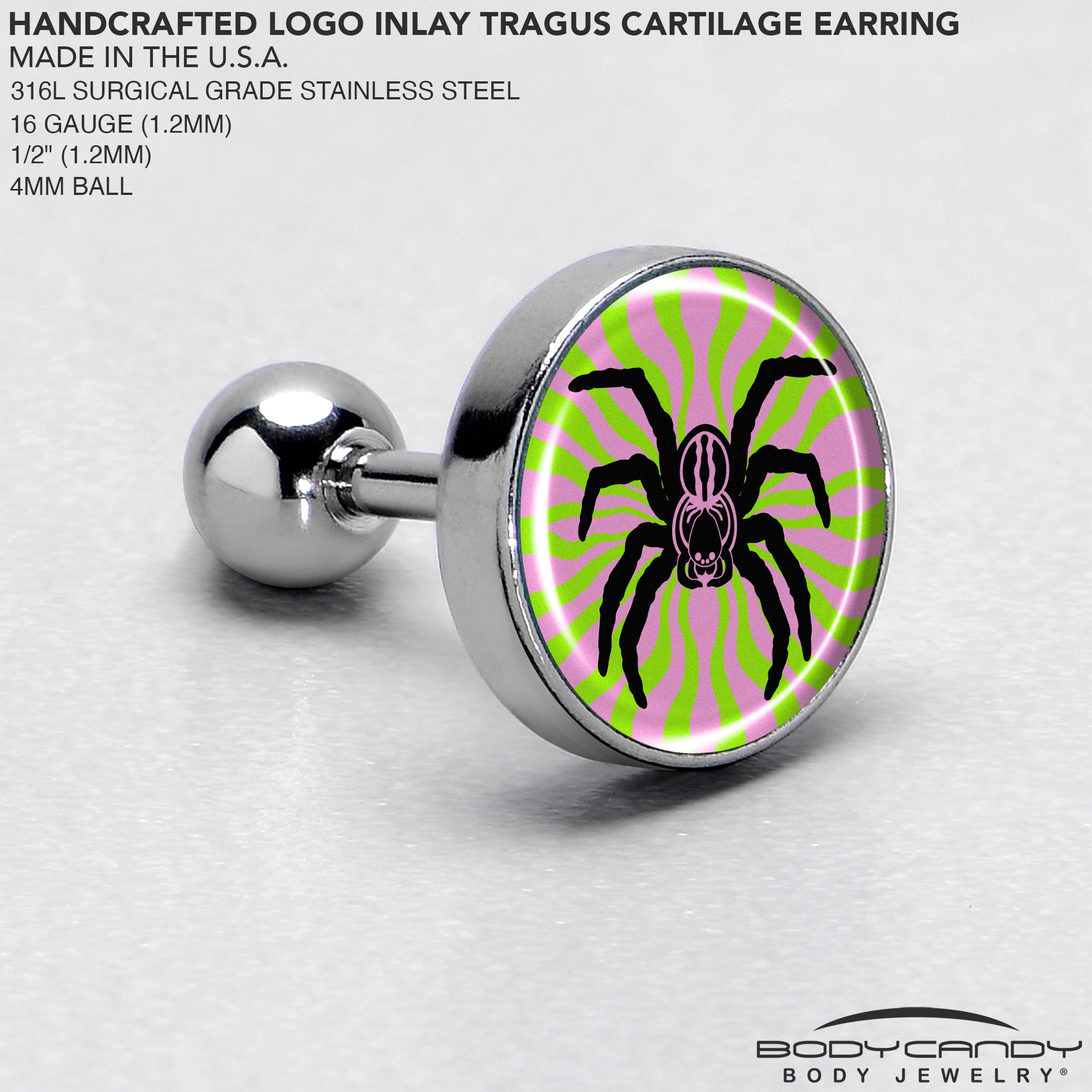 Unique 16 Gauge Tragus Earring with Psychedelic Spider Design