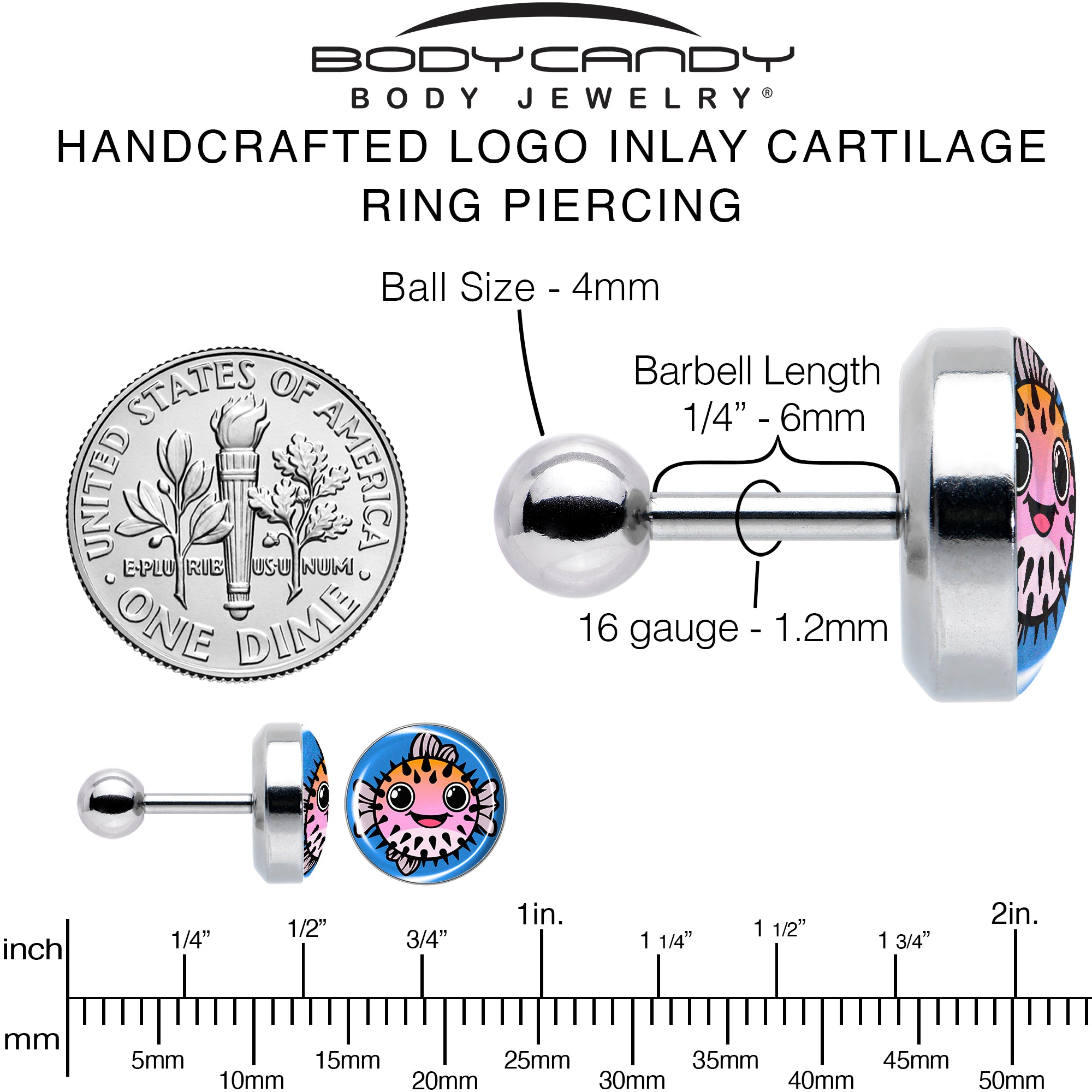 Whimsical 1/4 inch pufferfish tragus earring for cartilage