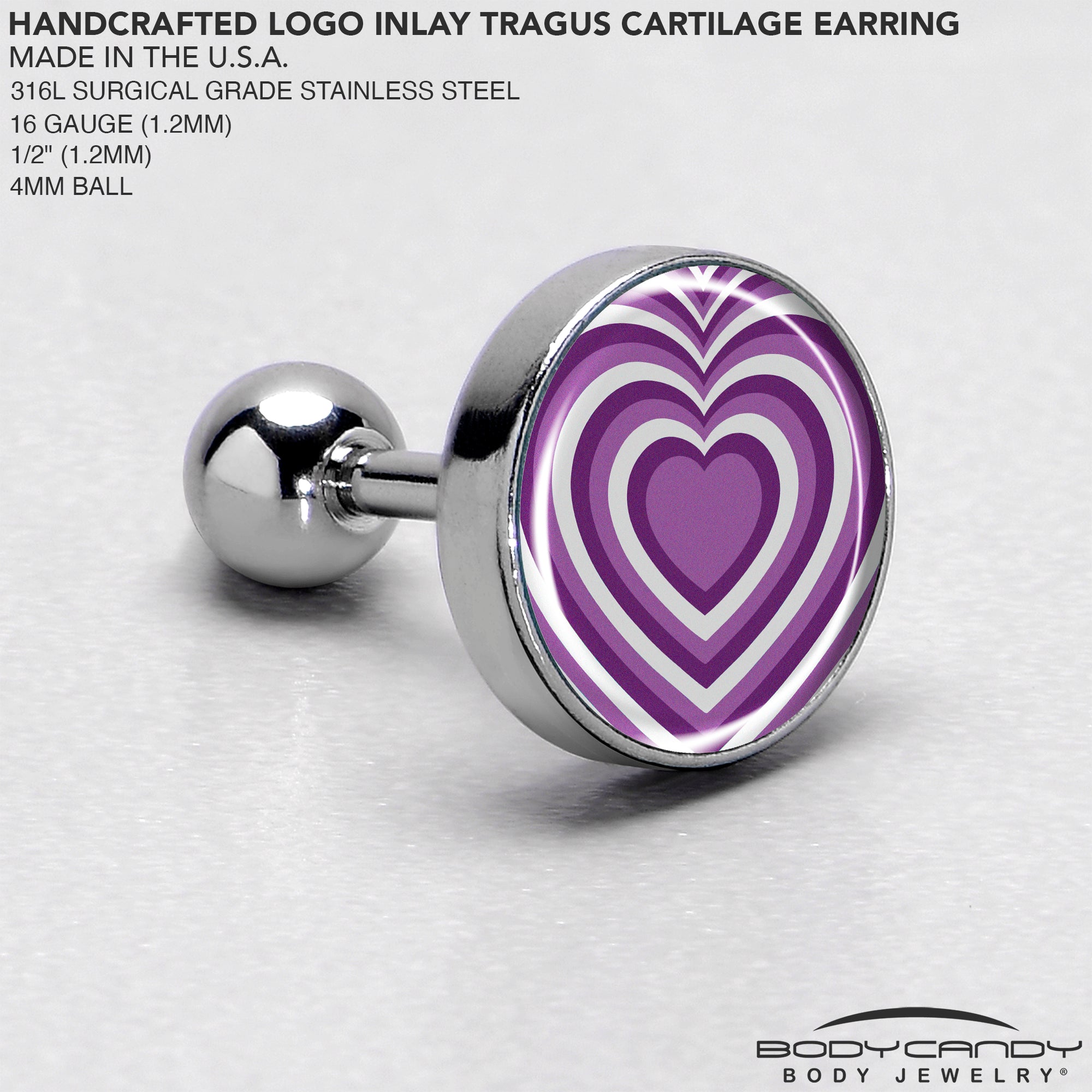 16 Gauge 1/4 Purple Retro Heart Tragus Cartilage Earring