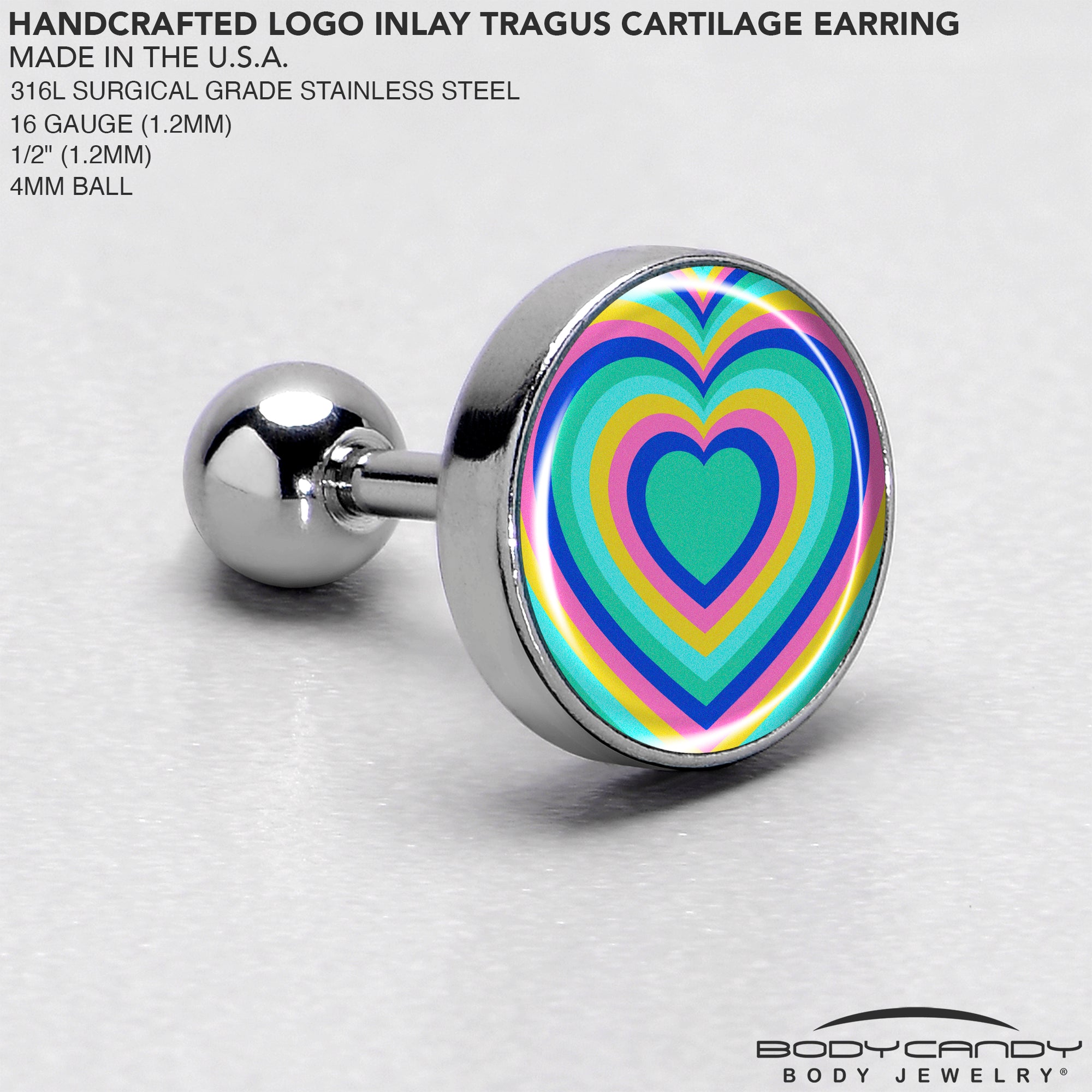 16 Gauge 1/4 Rainbow Retro Heart Tragus Cartilage Earring