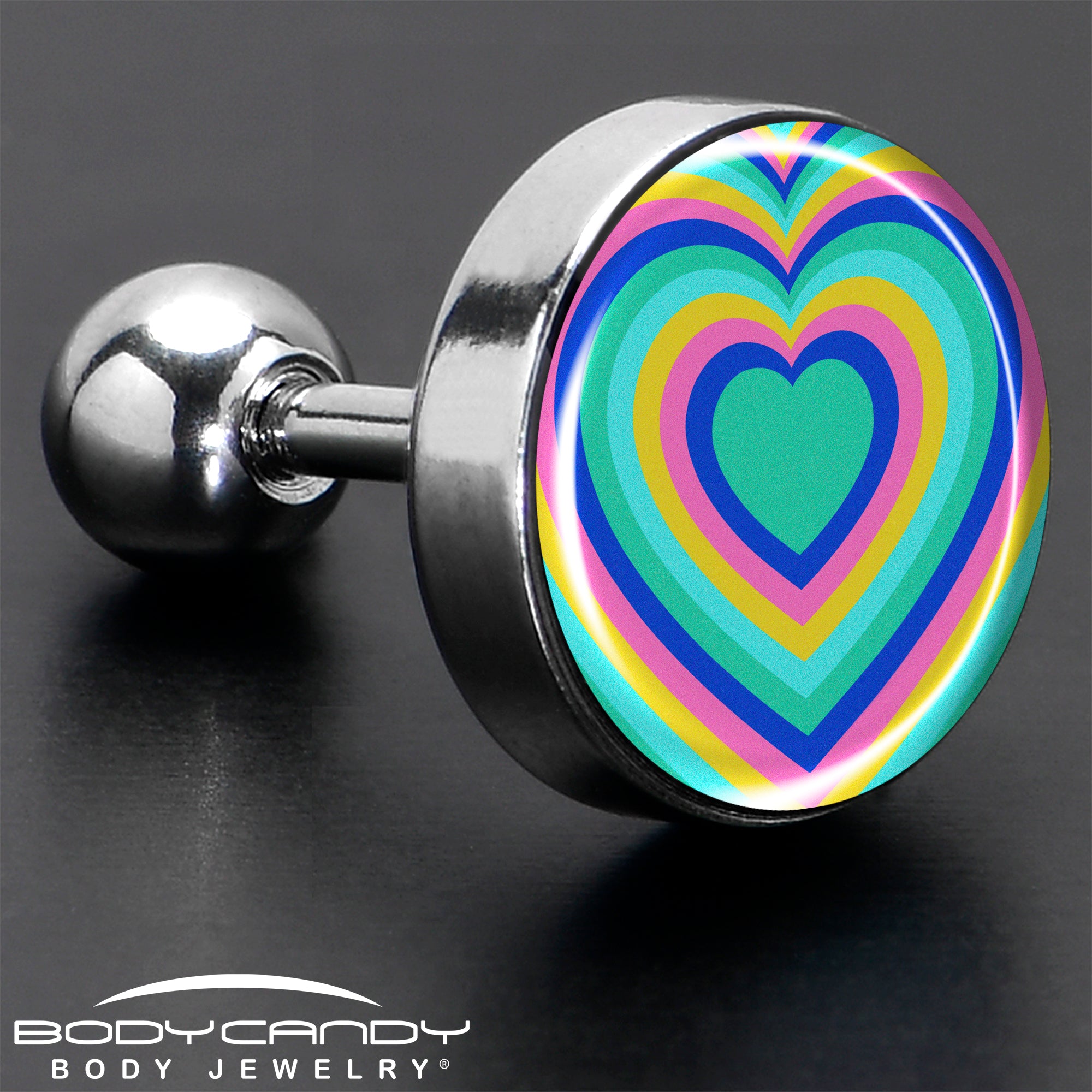 16 Gauge 1/4 Rainbow Retro Heart Tragus Cartilage Earring