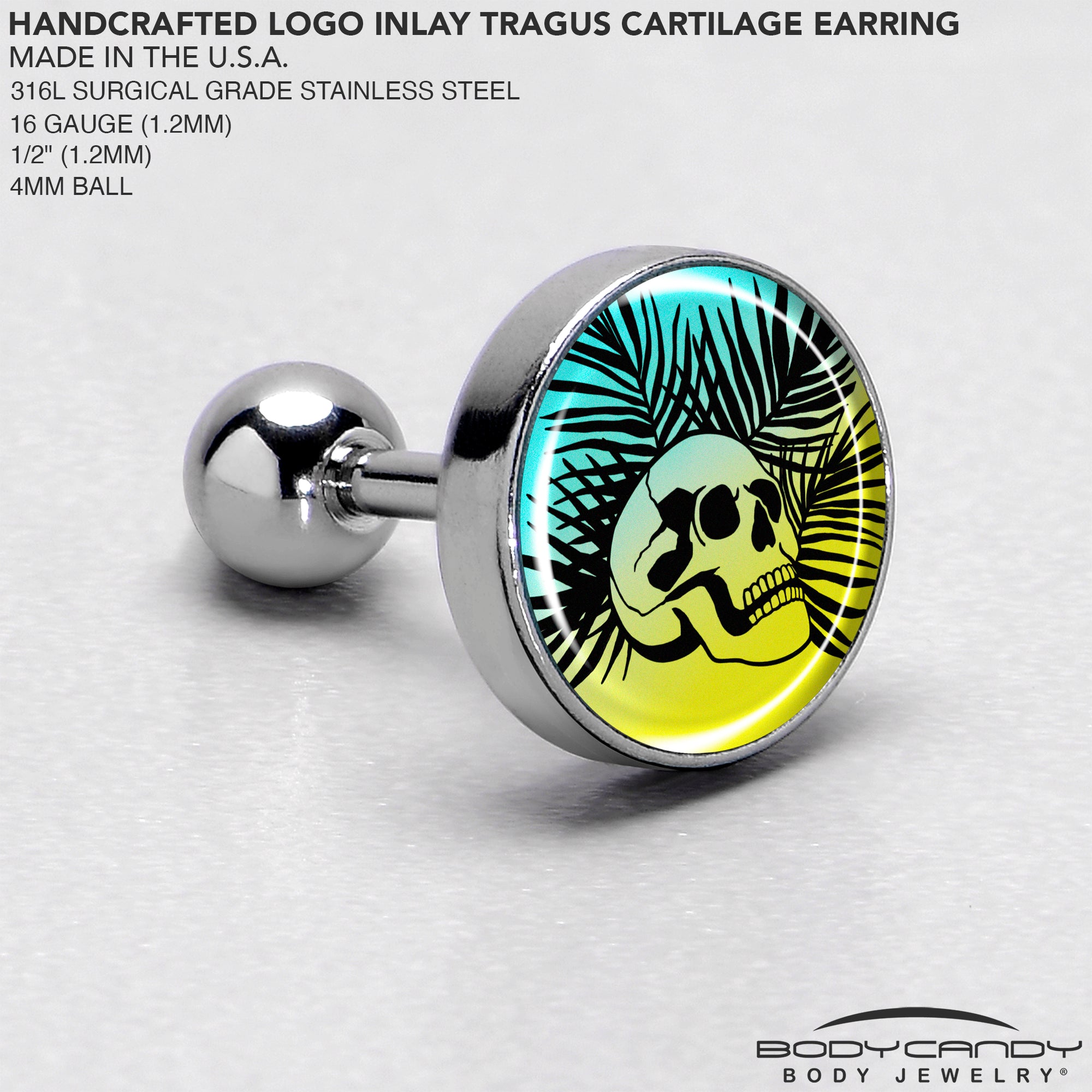 16 Gauge 1/4 Blue Haze Sunset Skull and Palms Tragus Cartilage Earring