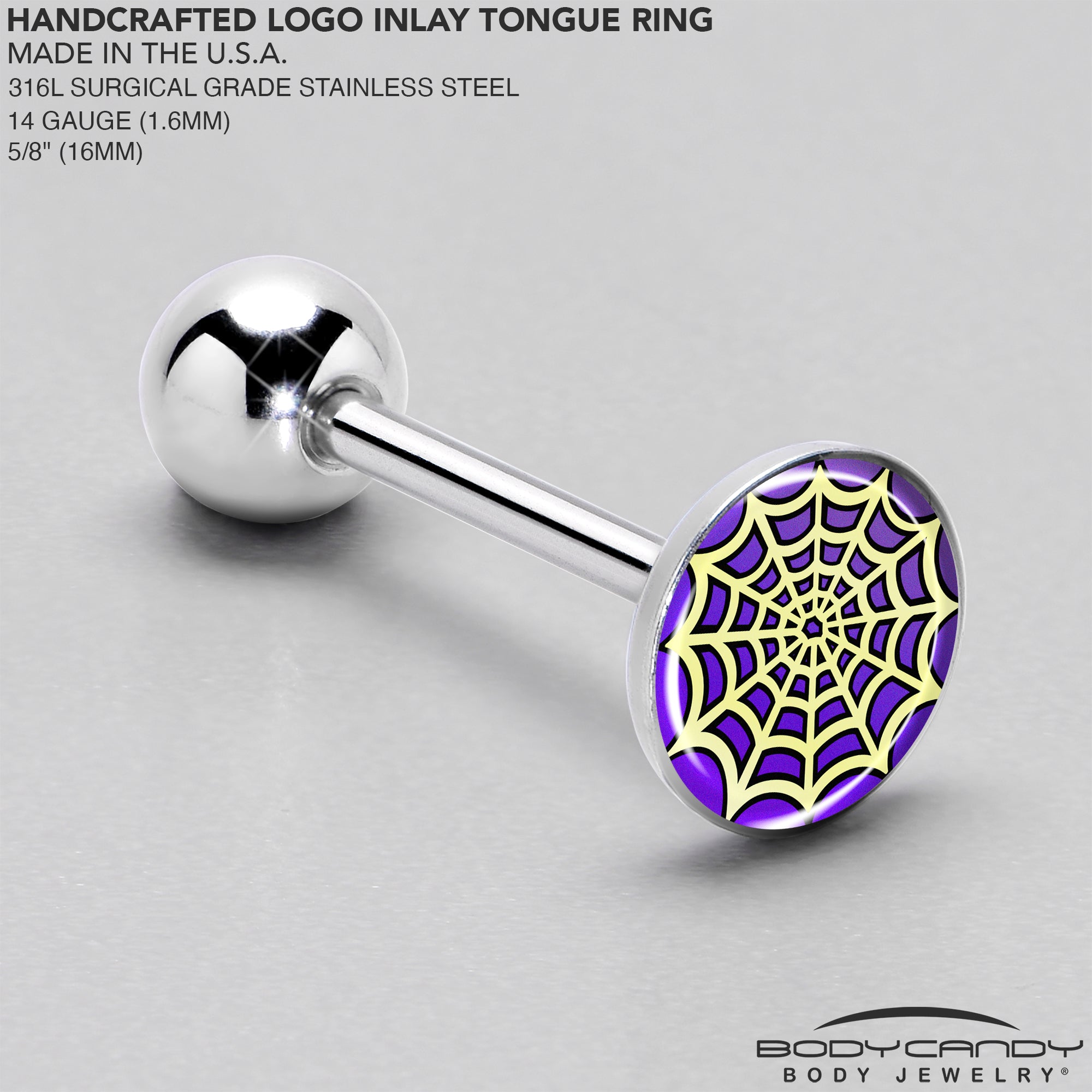 Gothic-inspired spider web barbell tongue ring with dual color