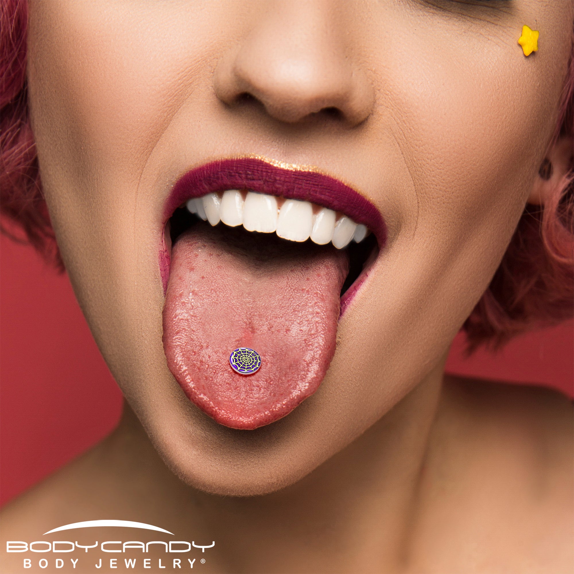 Eye-catching spider web tongue ring in two-tone metal