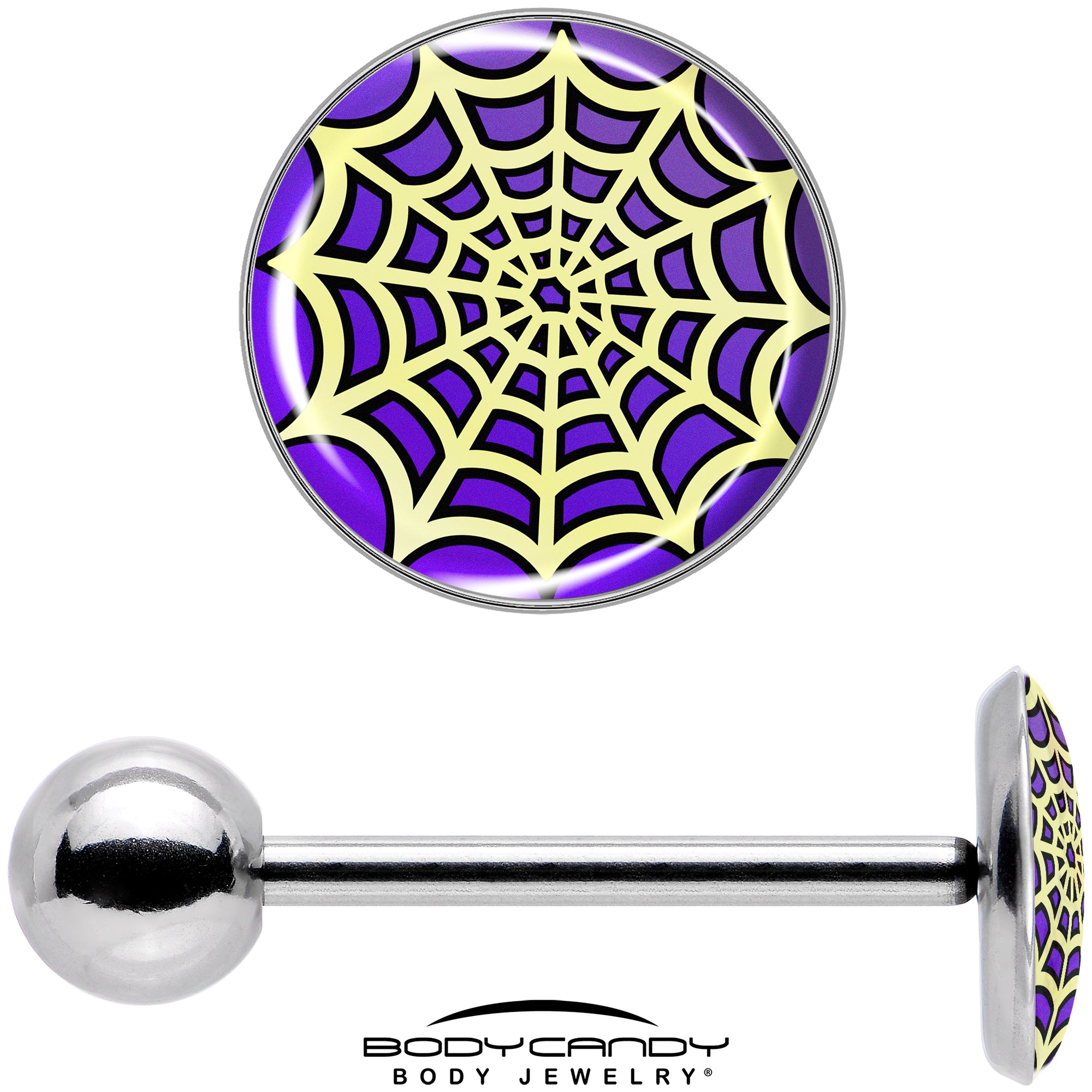 Trendy two-tone barbell tongue ring with spider web embellishment