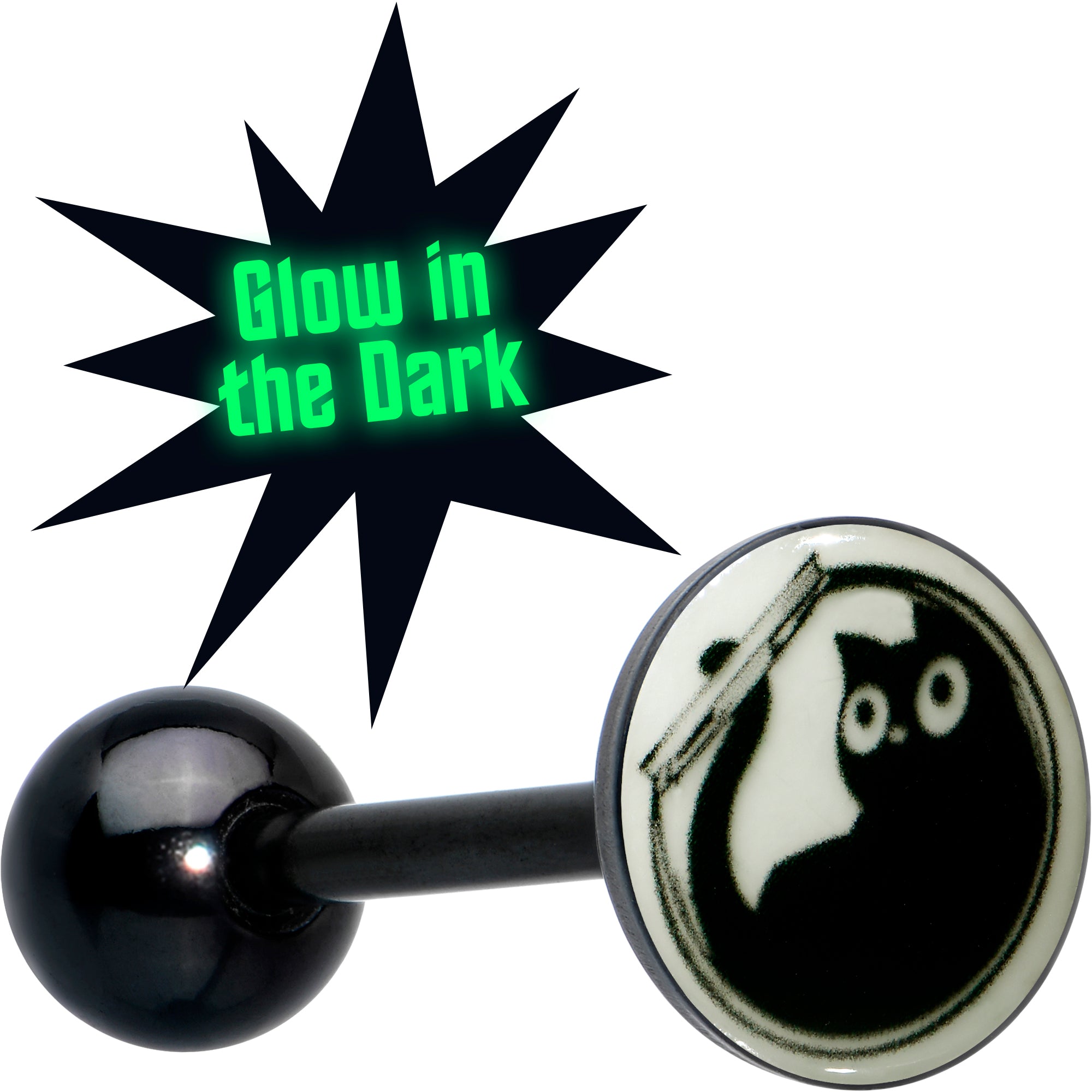 Glow in the Dark Black Anodized Fishbowl Kitty Cat Barbell Tongue Ring