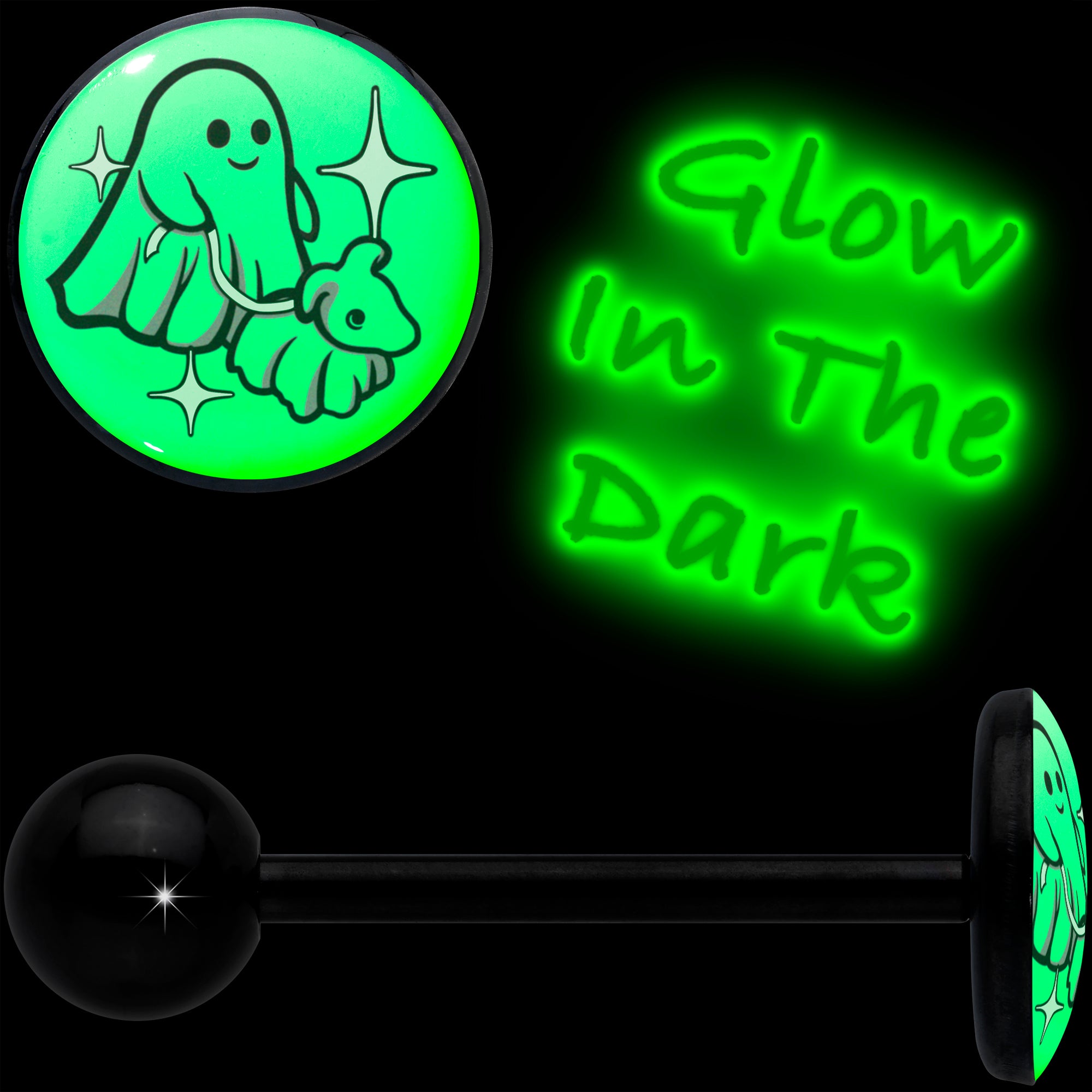 Halloween Themed Barbell Tongue Ring with Glow in the Dark Ghost and Dog