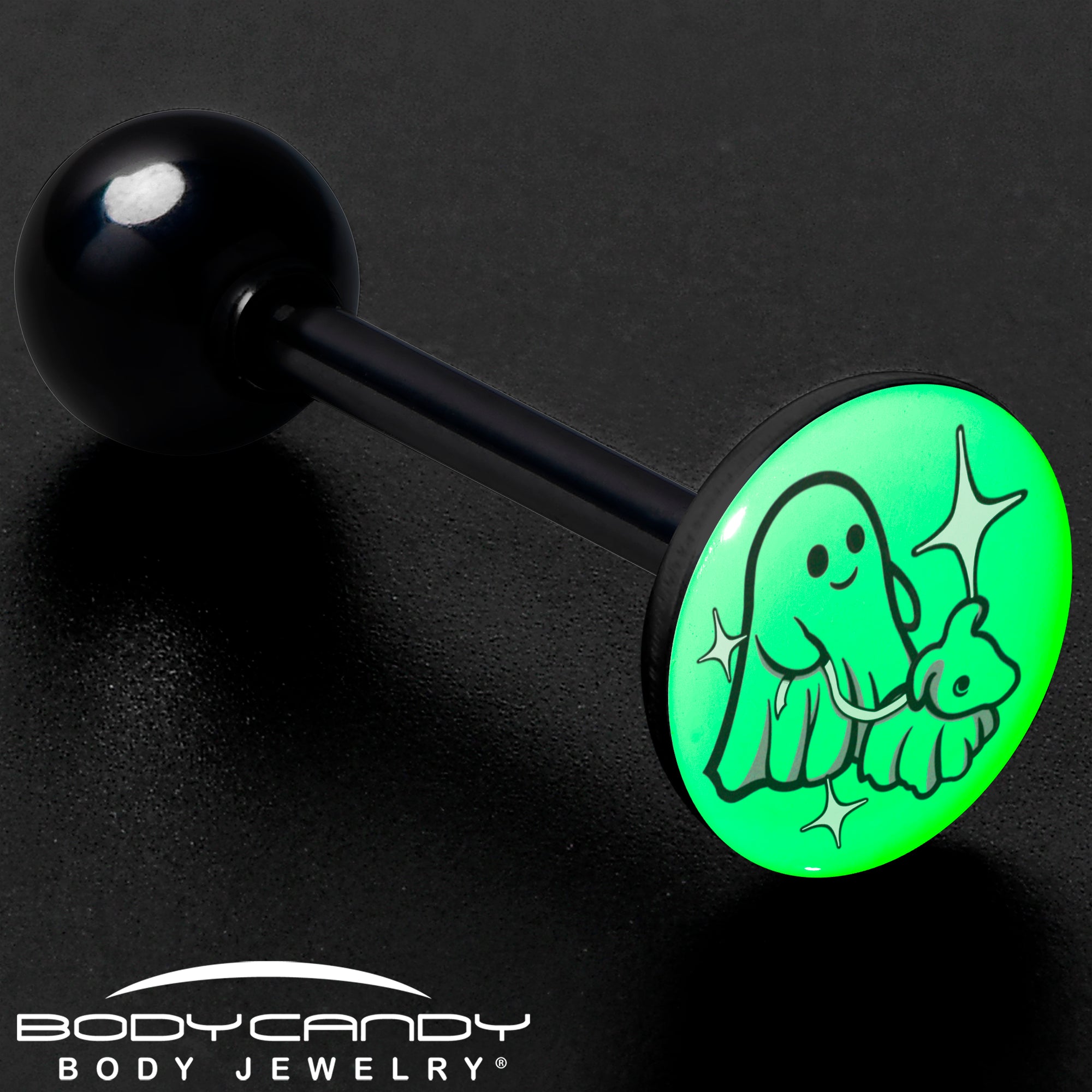 Glow in the Dark Black Anodized Halloween Ghost and Dog Barbell Tongue Ring Made in USA