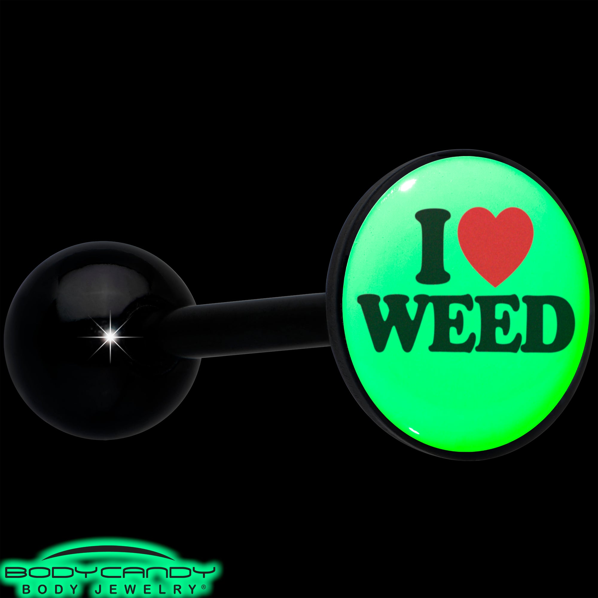 Glow in the Dark Black Anodized Tongue Ring Featuring I Love Weed Design