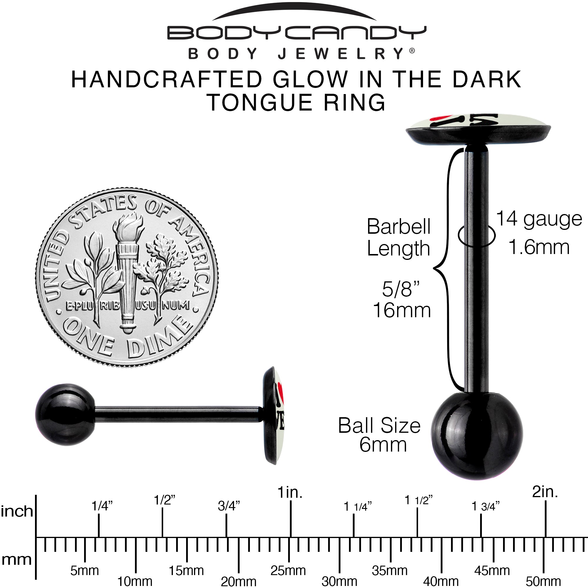 Black Anodized Barbell Tongue Ring with Glow in the Dark I Love Weed Motif