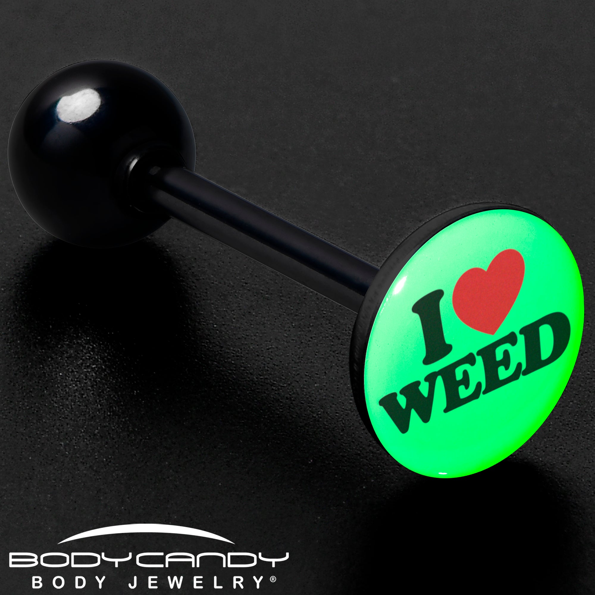 Glow in the Dark Black Anodized I Love Weed Barbell Tongue Ring Made in USA