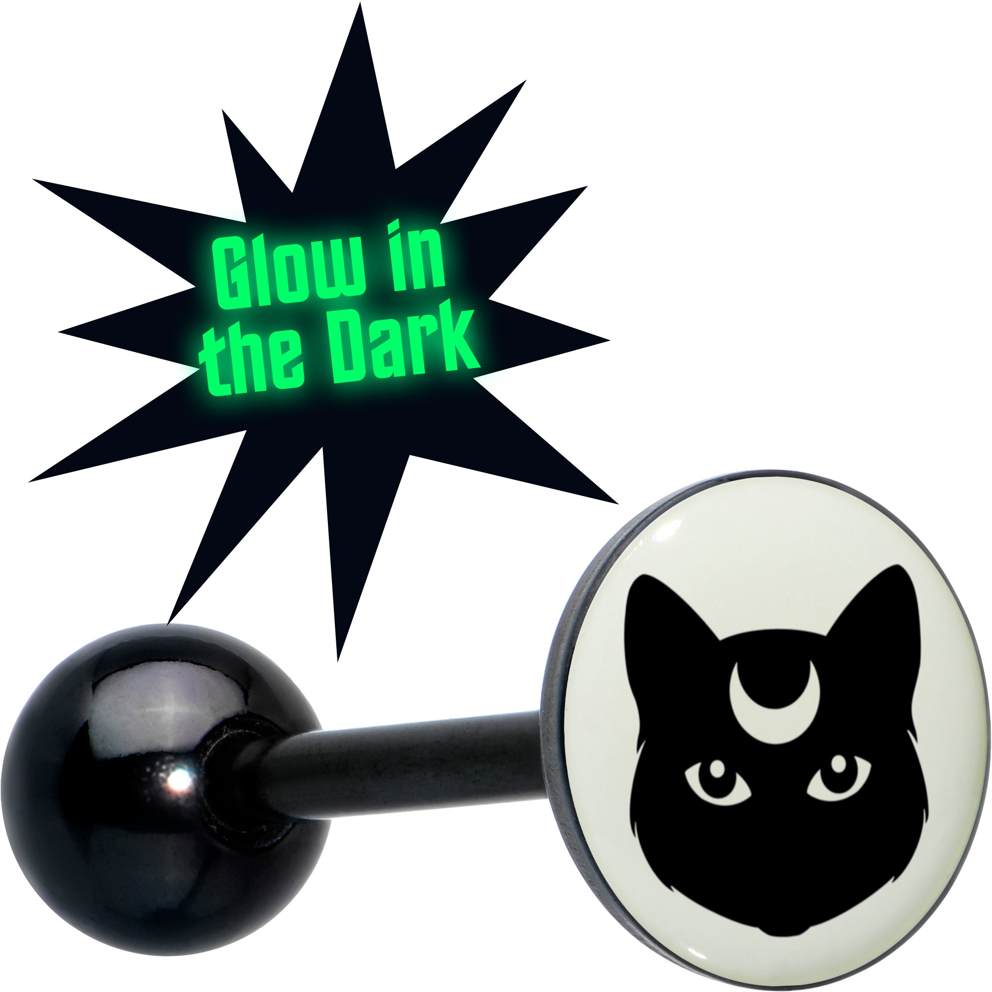 Glow in the Dark Black Anodized Mystic Kitty Cat Barbell Tongue Ring