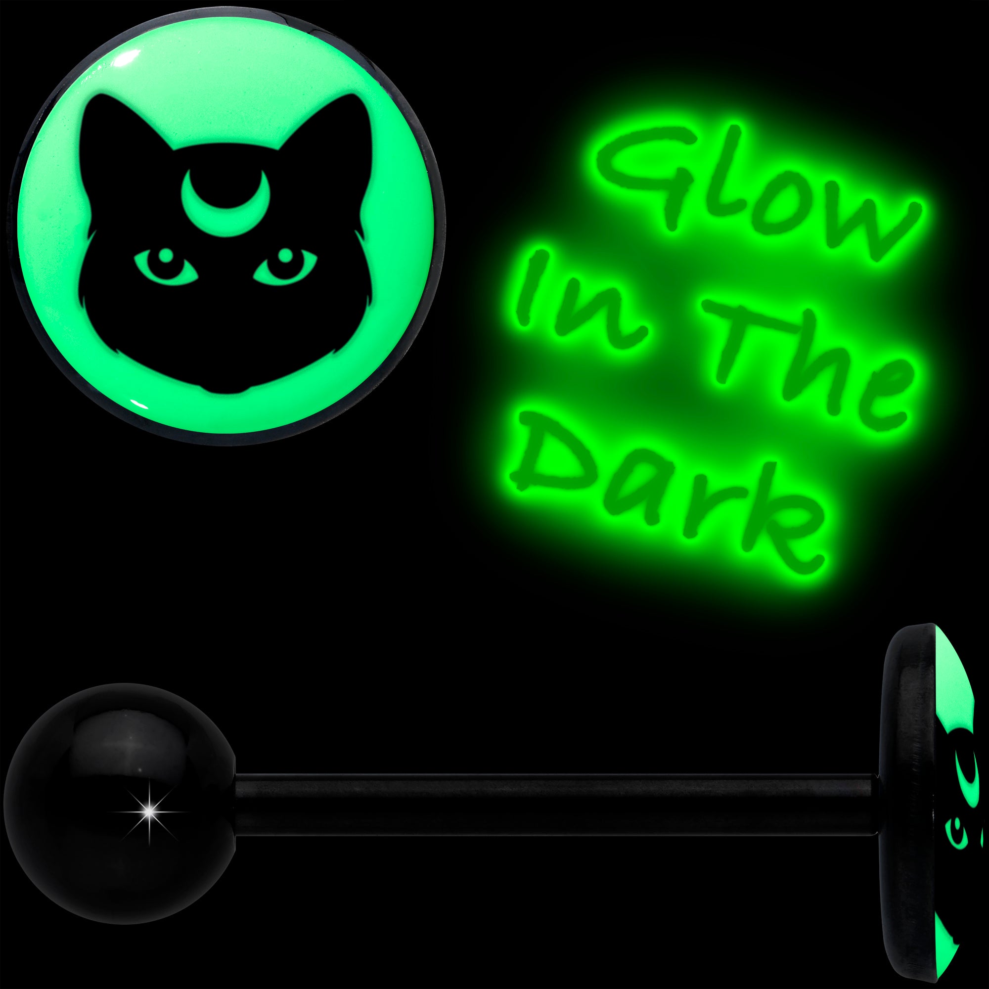 Glow in the Dark Black Anodized Mystic Kitty Cat Barbell Tongue Ring