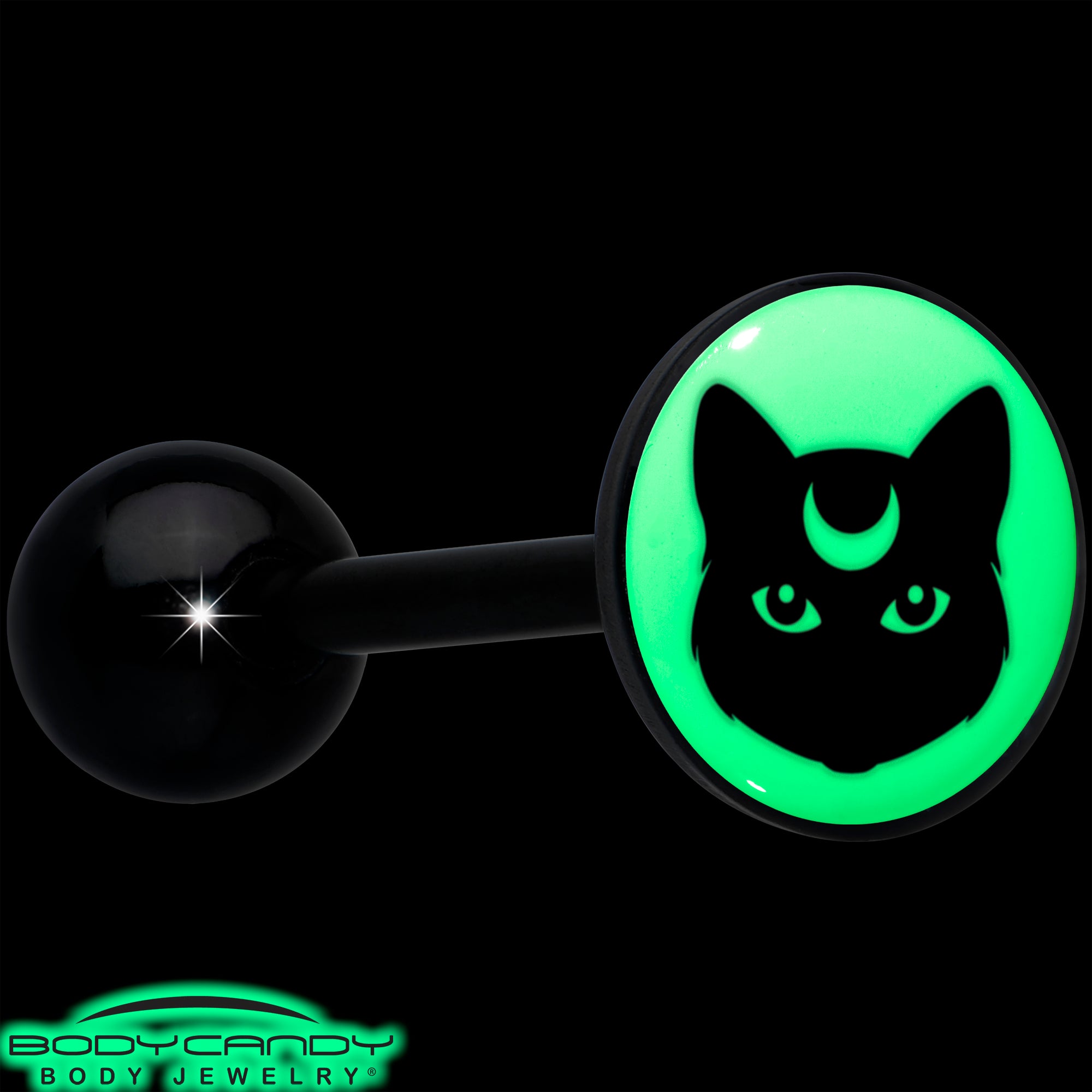 Glow in the Dark Black Anodized Mystic Kitty Cat Barbell Tongue Ring