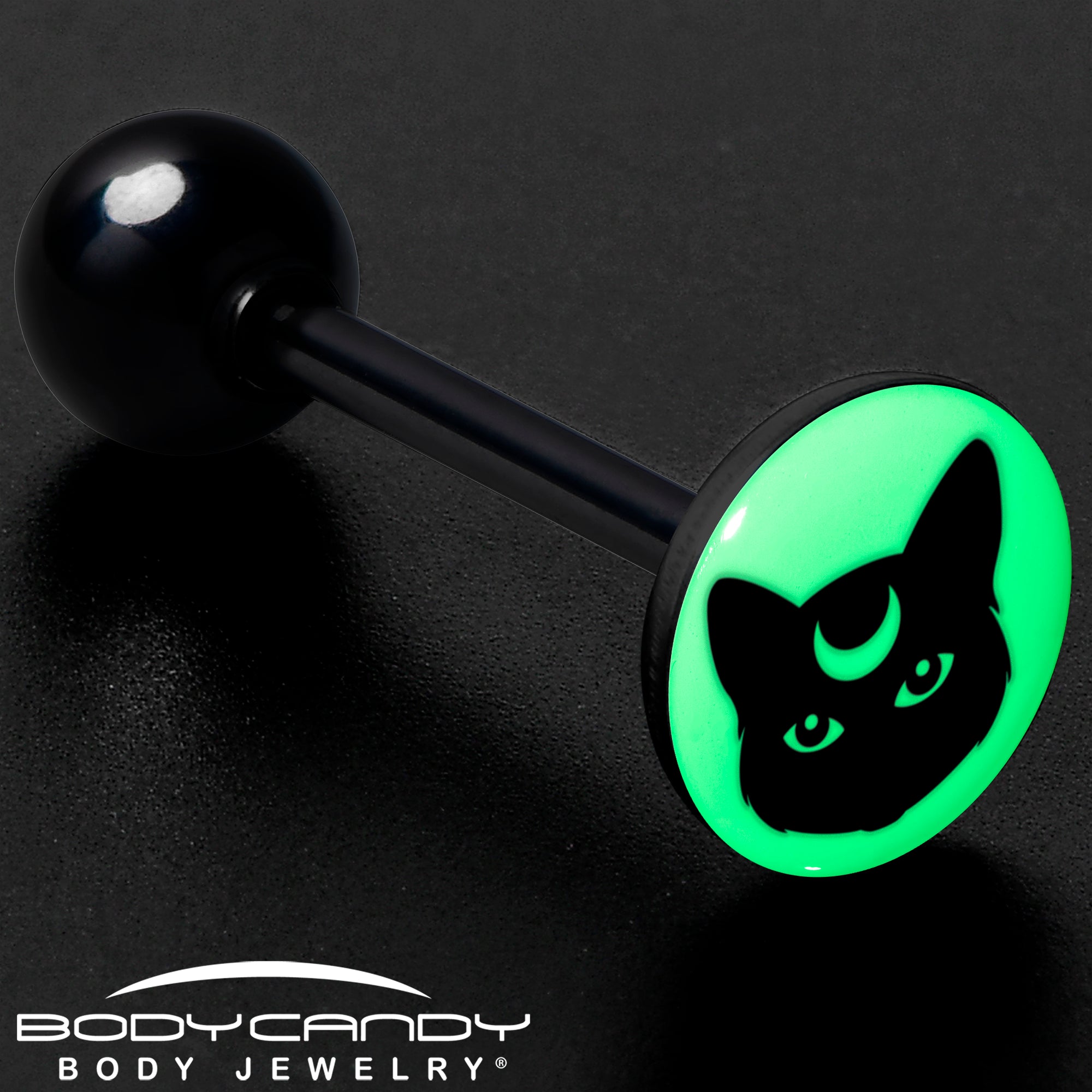 Glow in the Dark Black Anodized Mystic Kitty Cat Barbell Tongue Ring