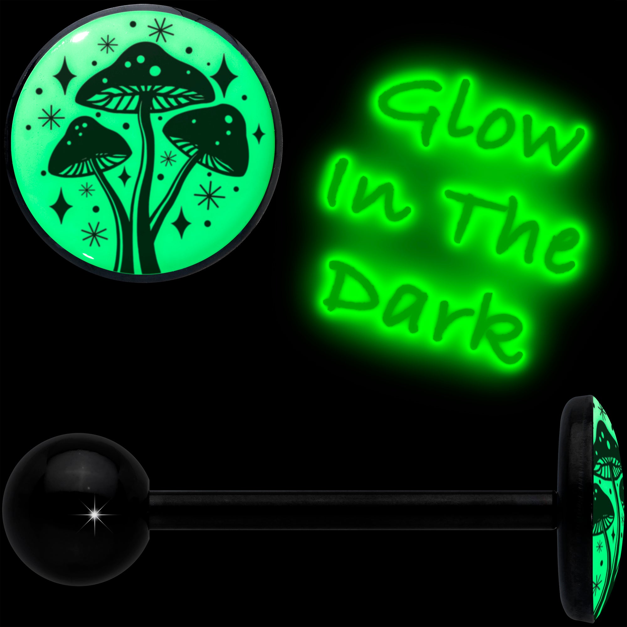 Glow in the Dark Black Anodized Mystic Mushroom Barbell Tongue Ring