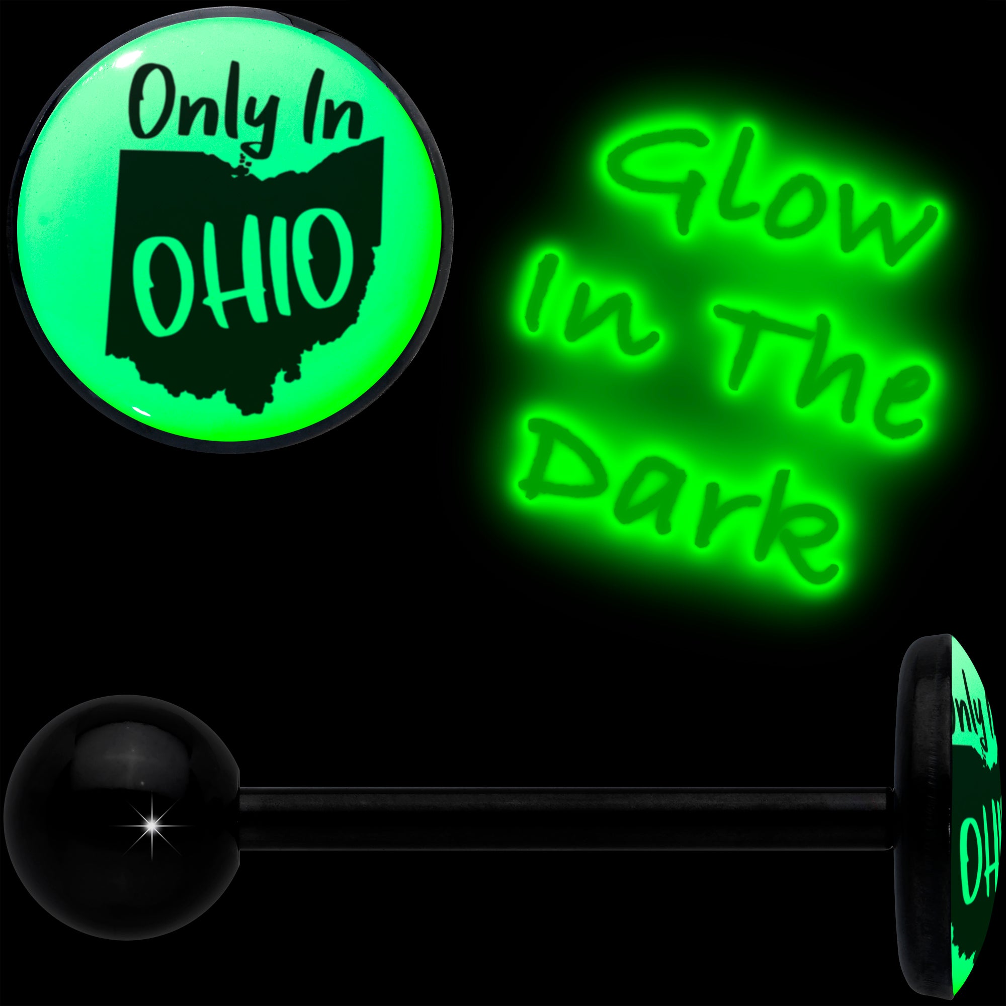 Glow in the Dark Black Anodized Only in Ohio Barbell Tongue Ring