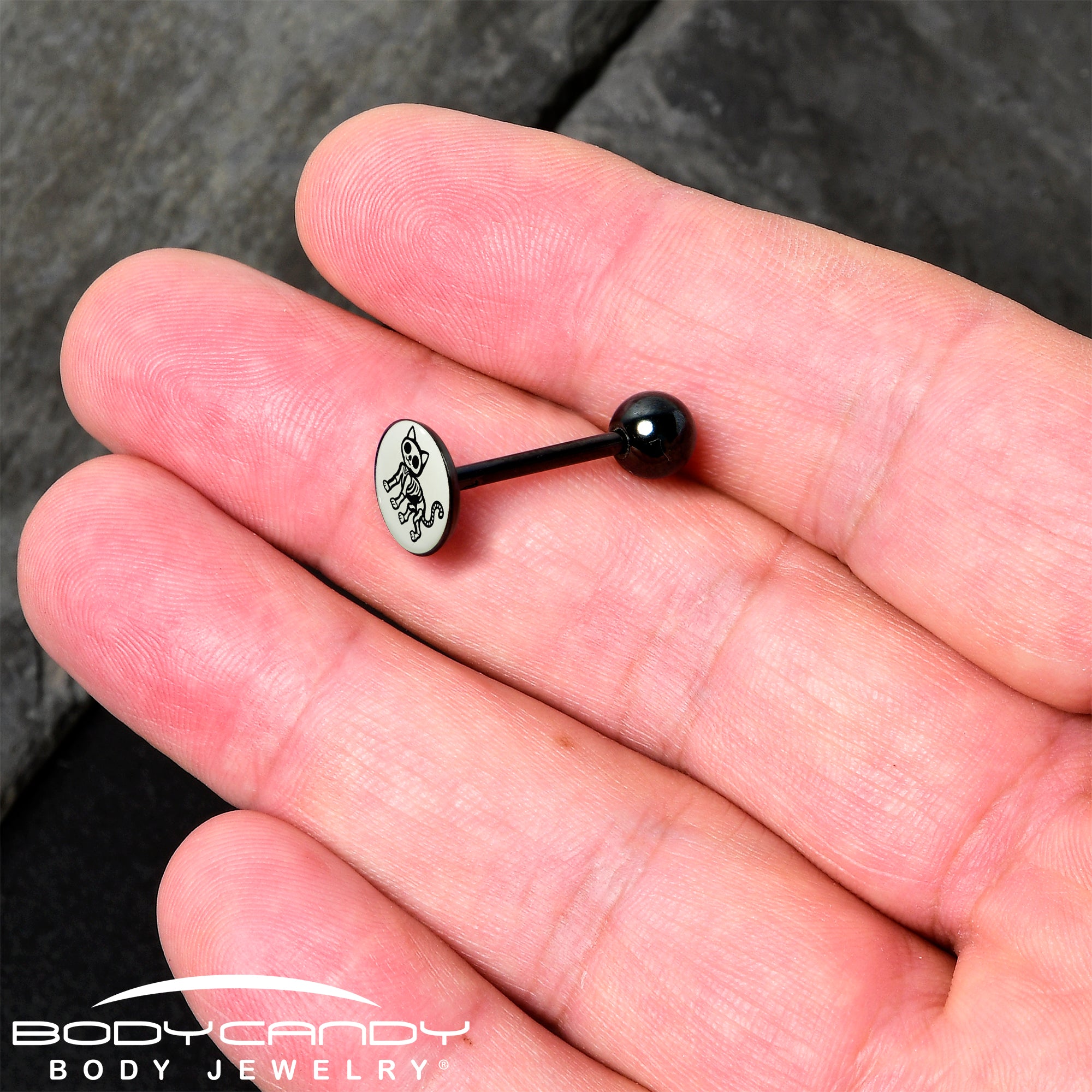 Black Anodized Tongue Ring with Glow in the Dark Skeleton Cat Accent