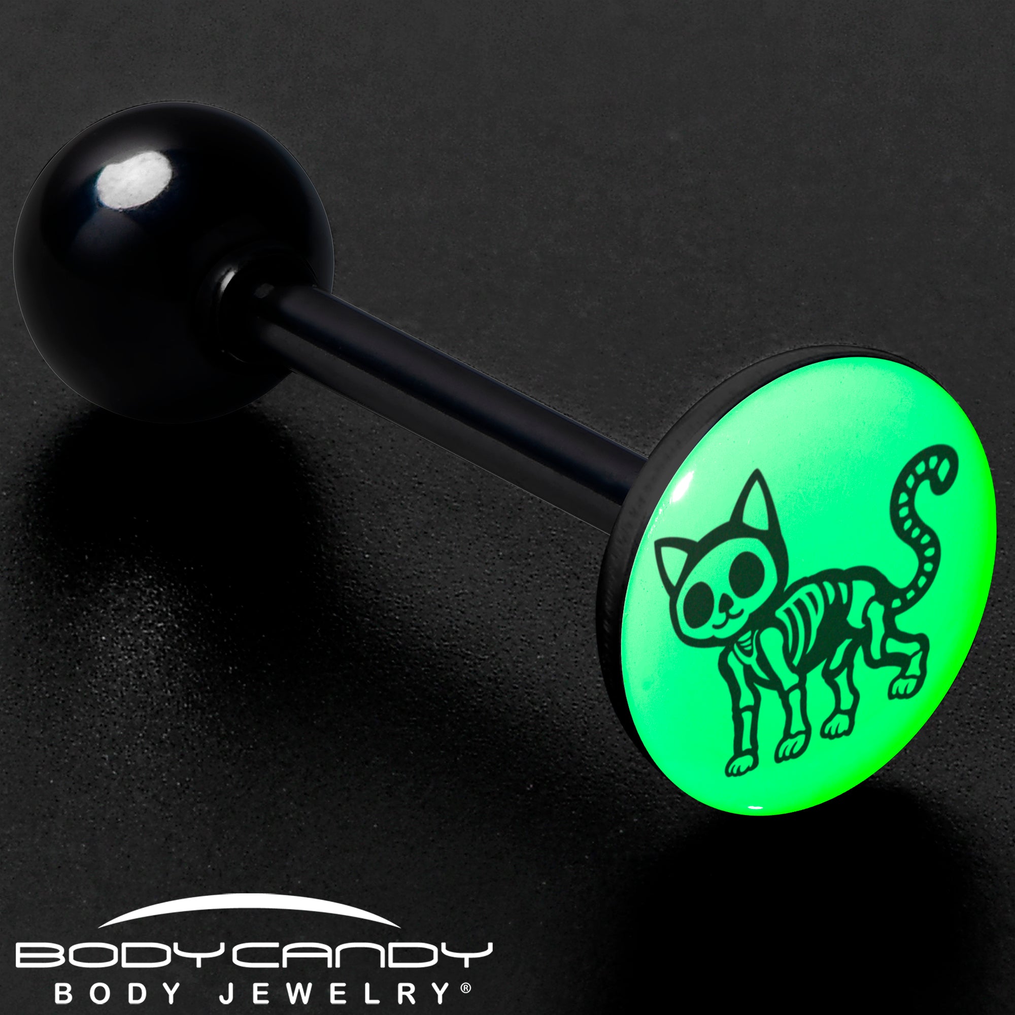 Glow in the Dark Black Anodized Skeleton Kitty Cat Barbell Tongue Ring Made in USA