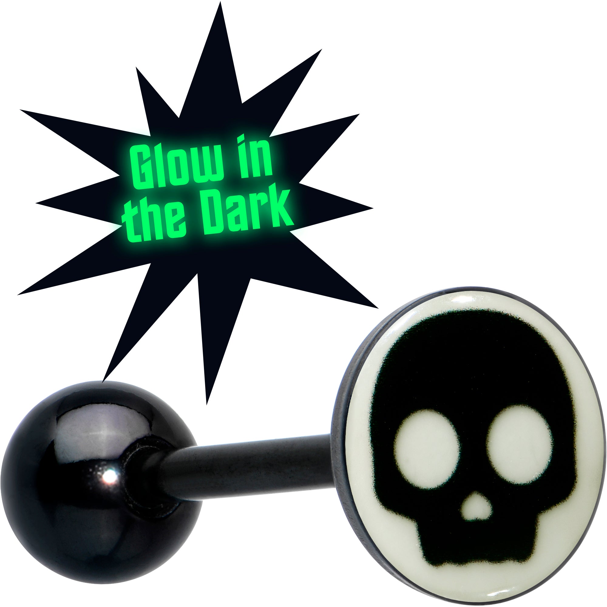 Glow in the Dark Black Anodized Simple Skull Barbell Tongue Ring