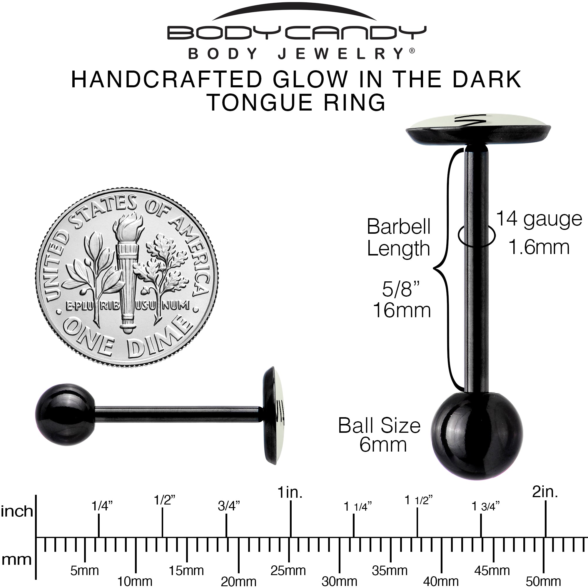 Black anodized barbell tongue ring with a glow in the dark mystical witch design