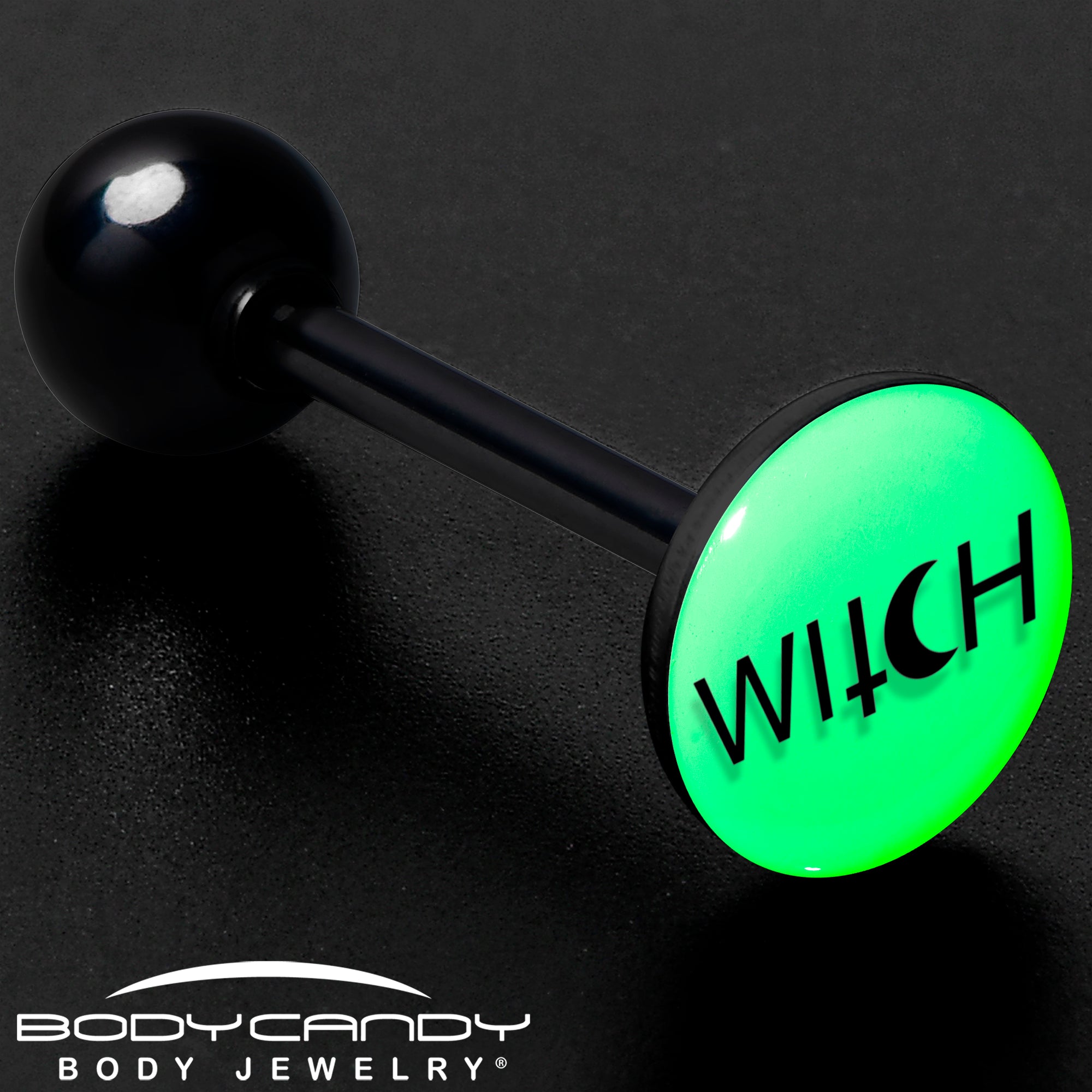 Black anodized glow in the dark tongue ring with witchcraft-inspired design