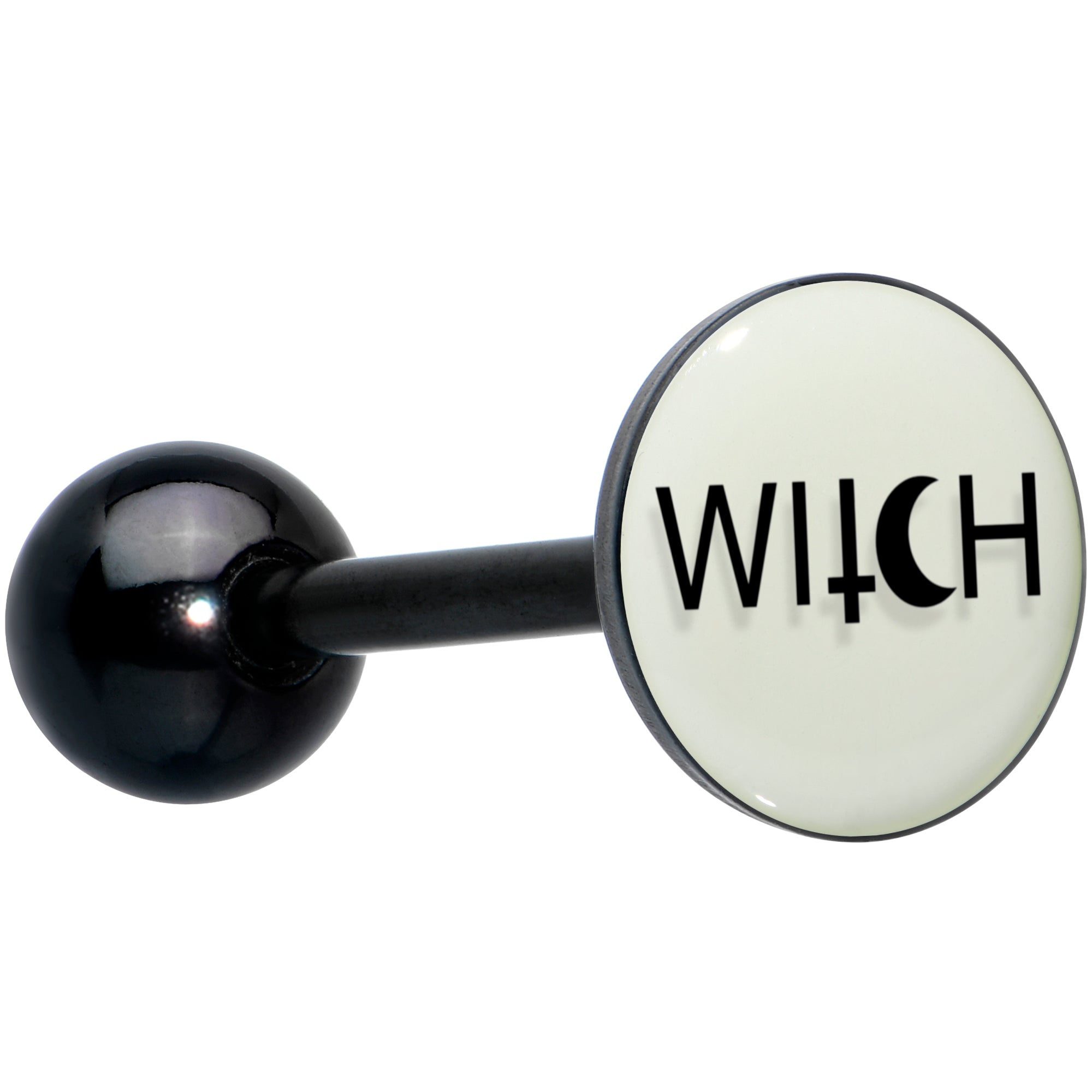 glowing black anodized mystical witch barbell tongue ring