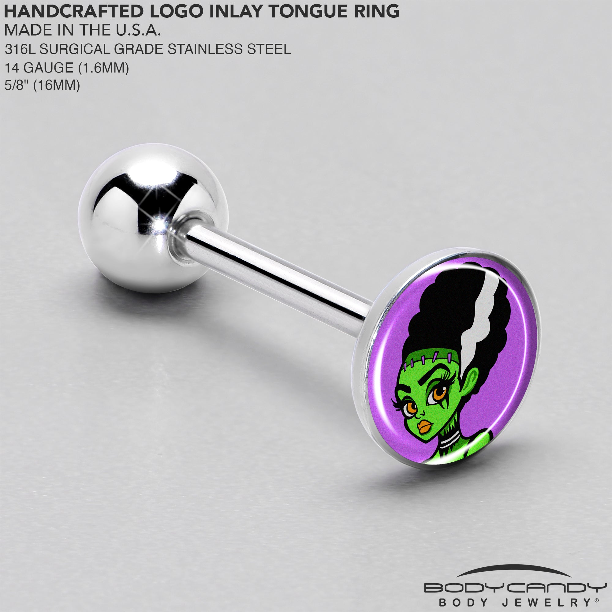 Bride of Frankenstein Tongue Ring Barbell with Classic Monster Motif