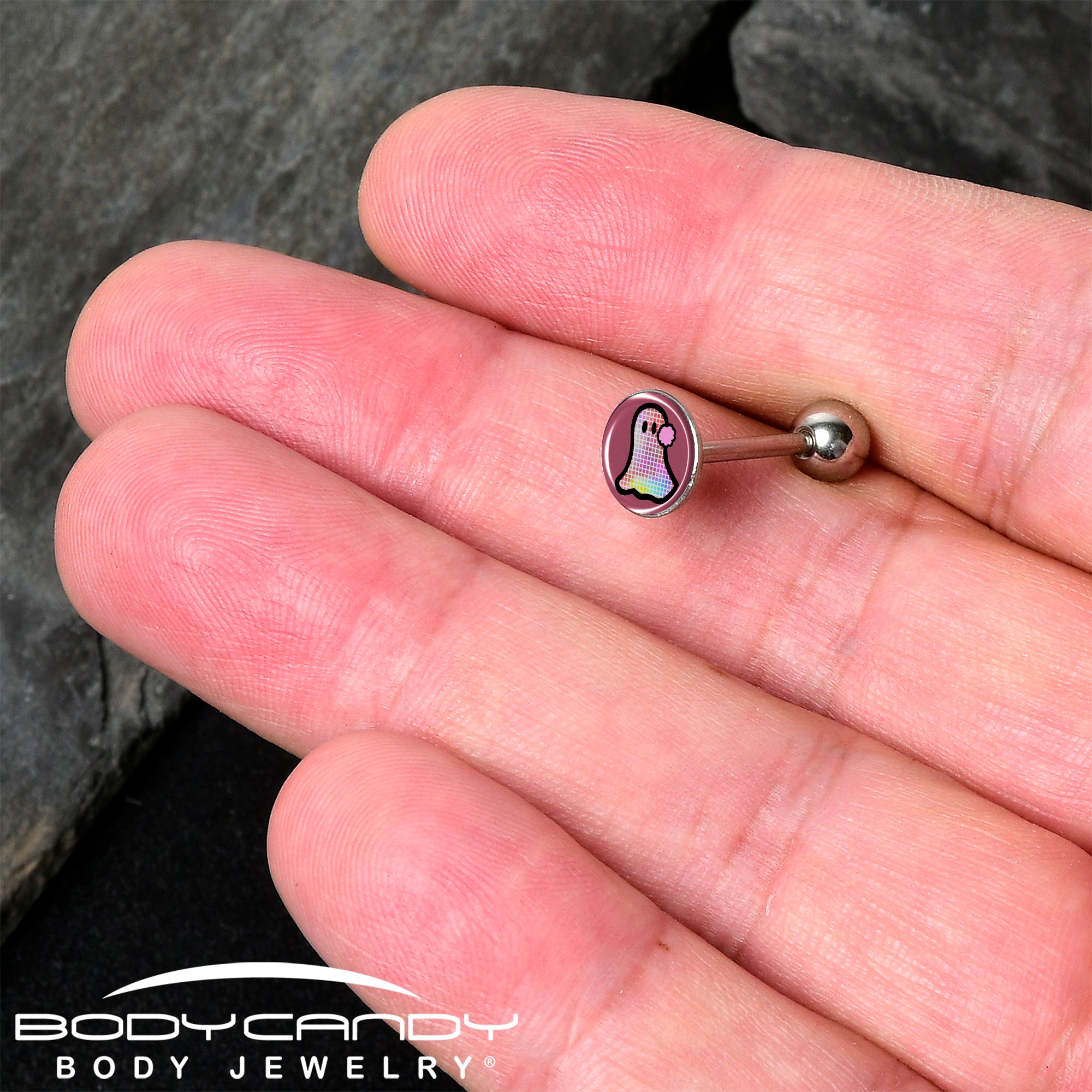 Spooky Ghost Themed Barbell Tongue Ring with Disco Sparkle