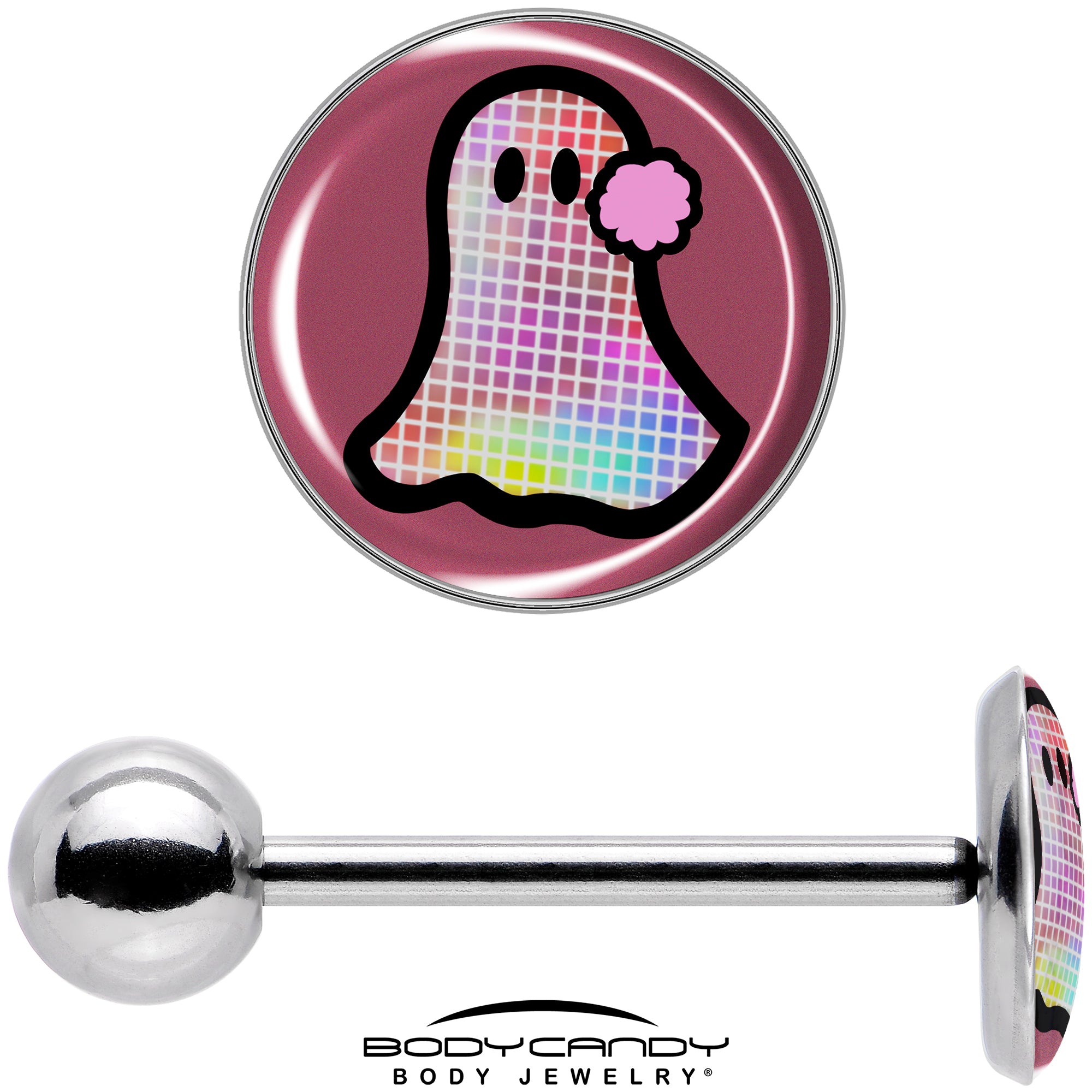 Disco Spirit Tongue Ring Featuring a Ghost Charm and Glitter