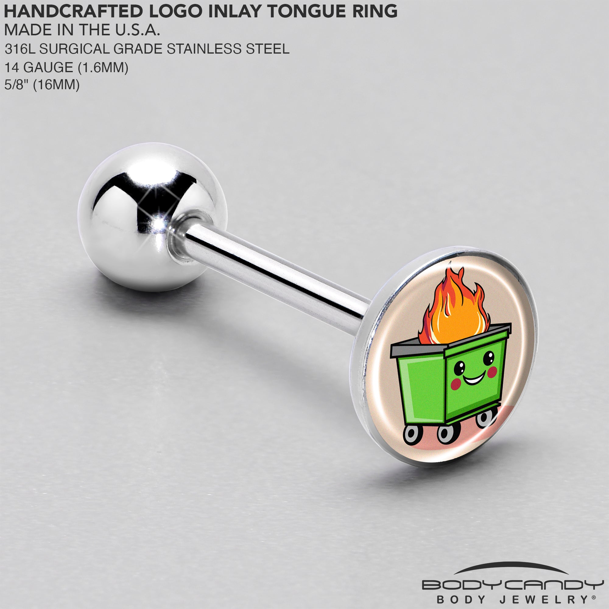 Barbell tongue ring featuring dumpster fire motif