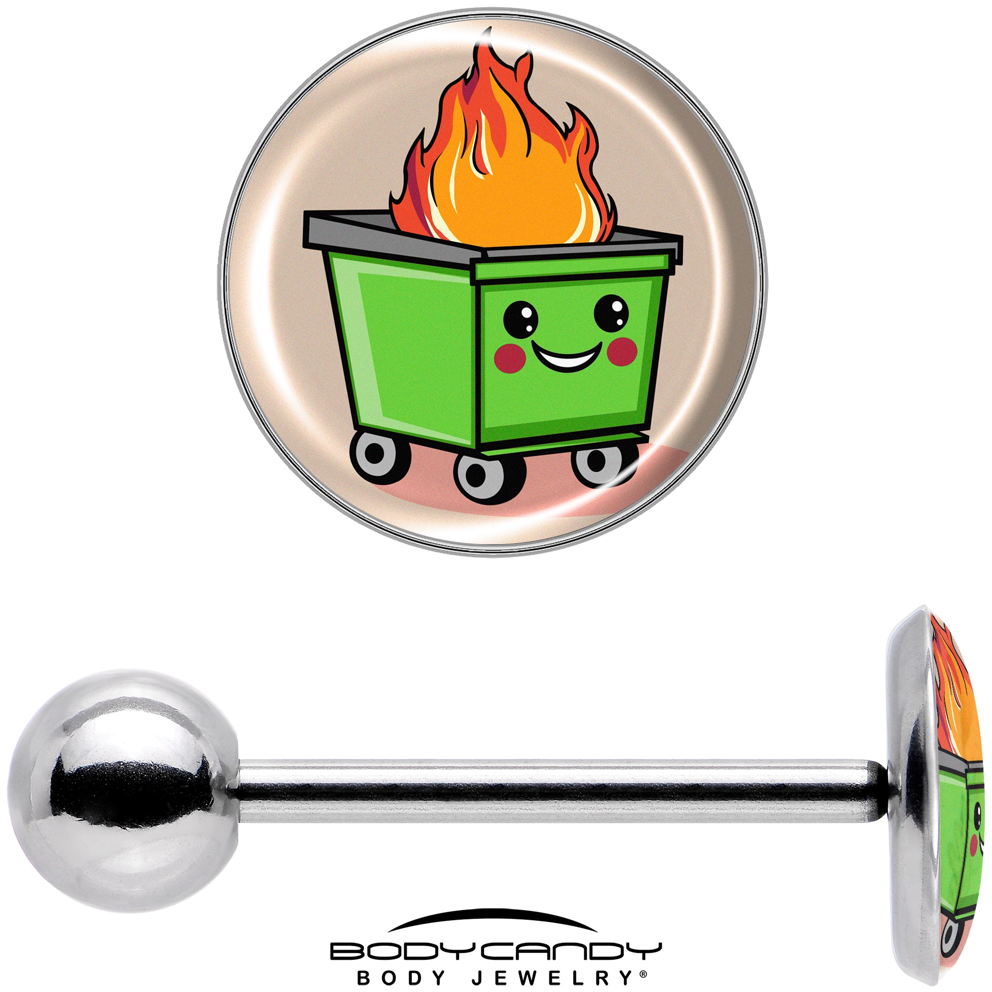 Dumpster fire barbell tongue ring with vibrant flames