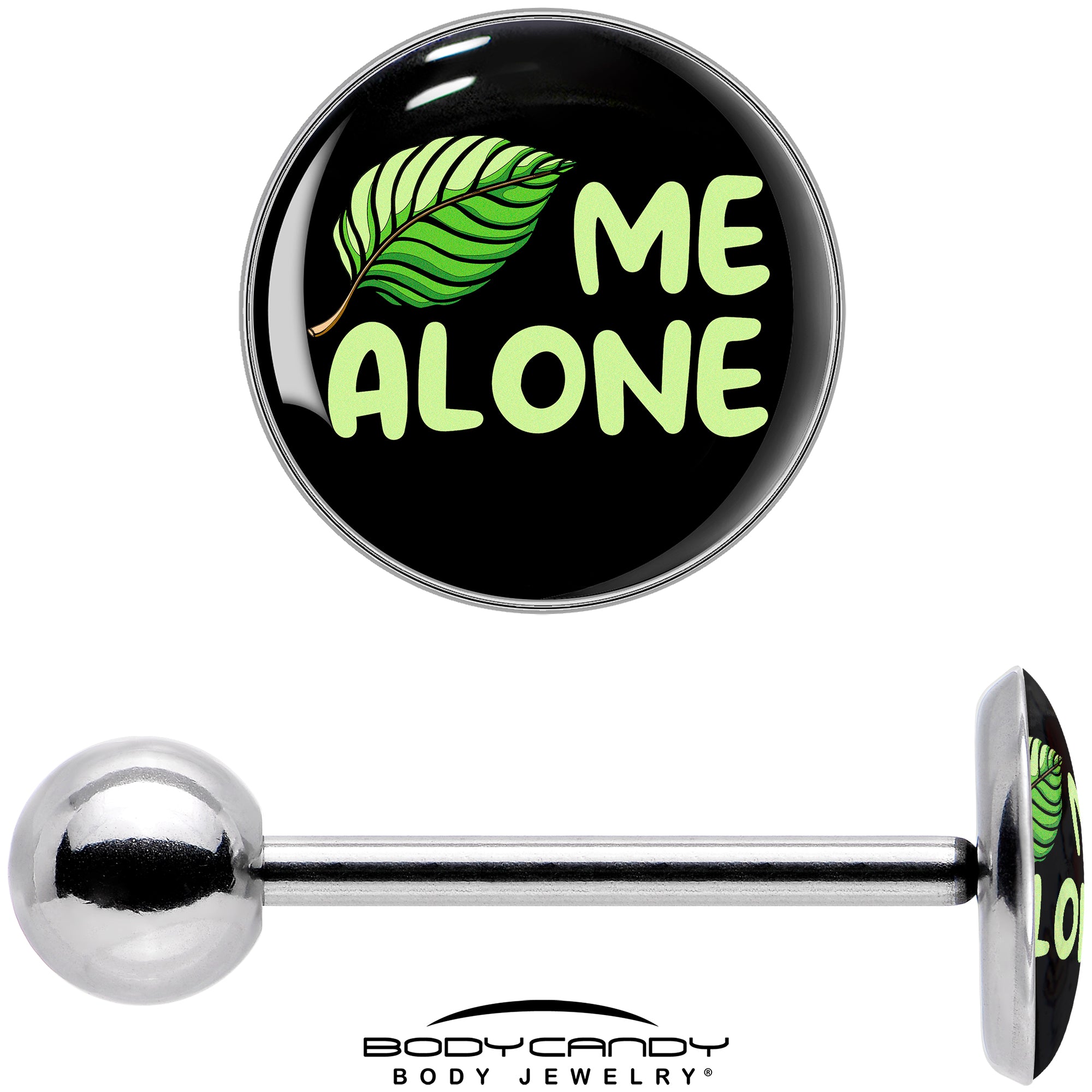 Black Green Leaf Me Alone Barbell Tongue Ring