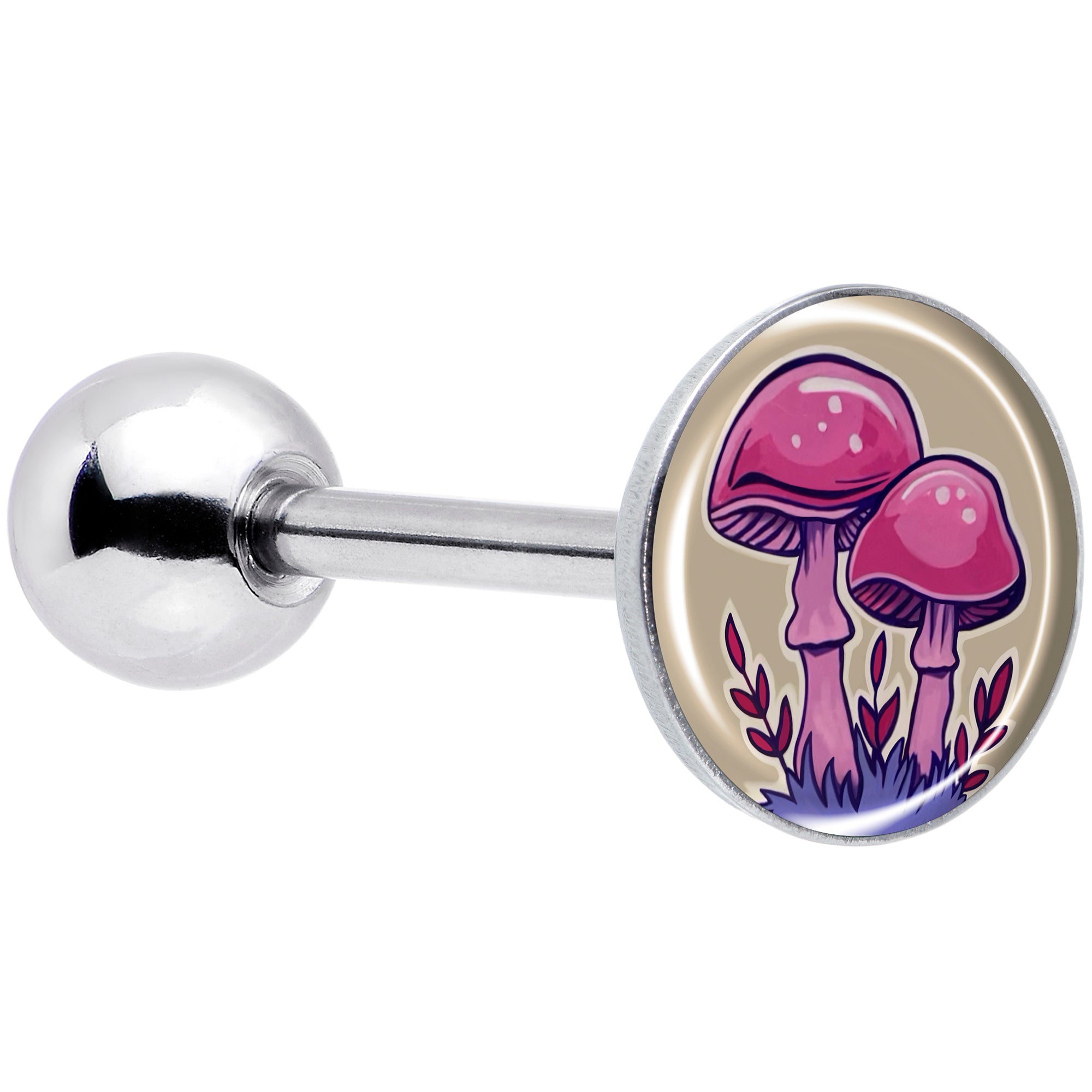 Artist Drawn Pink Mushrooms Barbell Tongue Ring