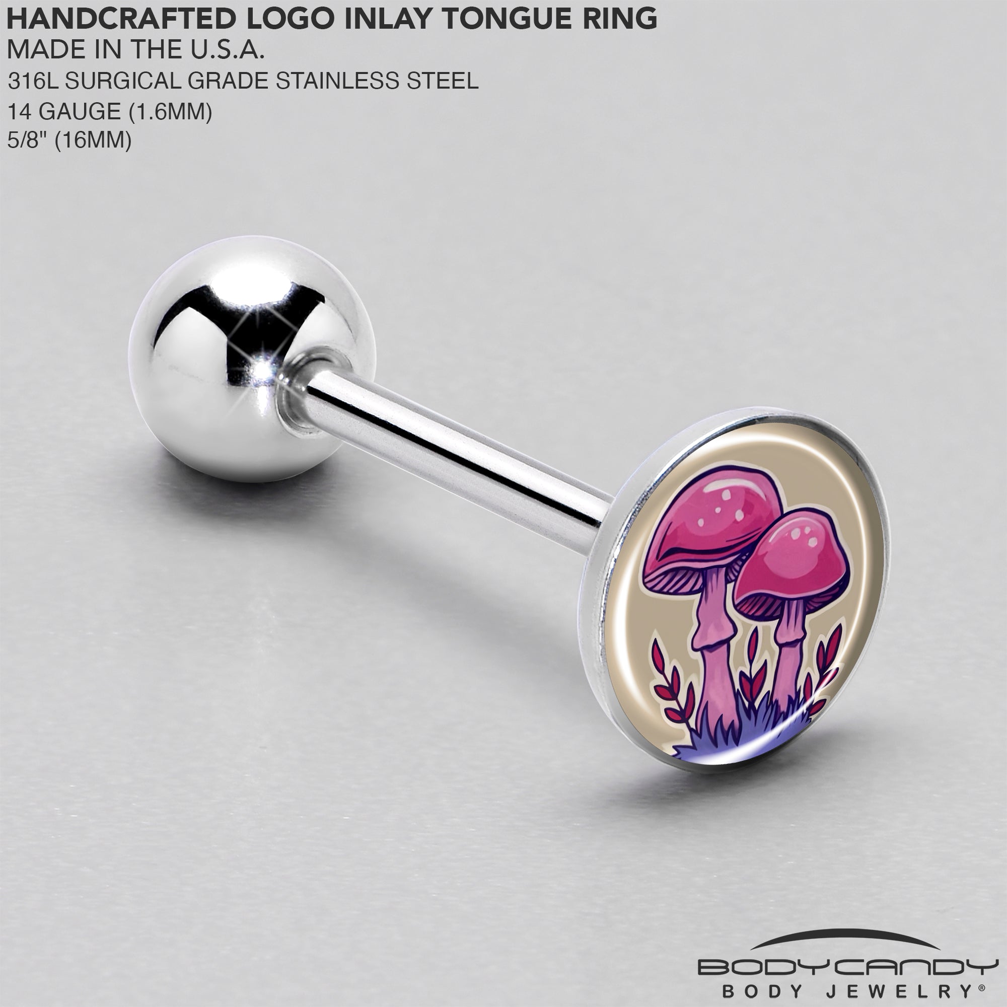 Artist Drawn Pink Mushrooms Barbell Tongue Ring